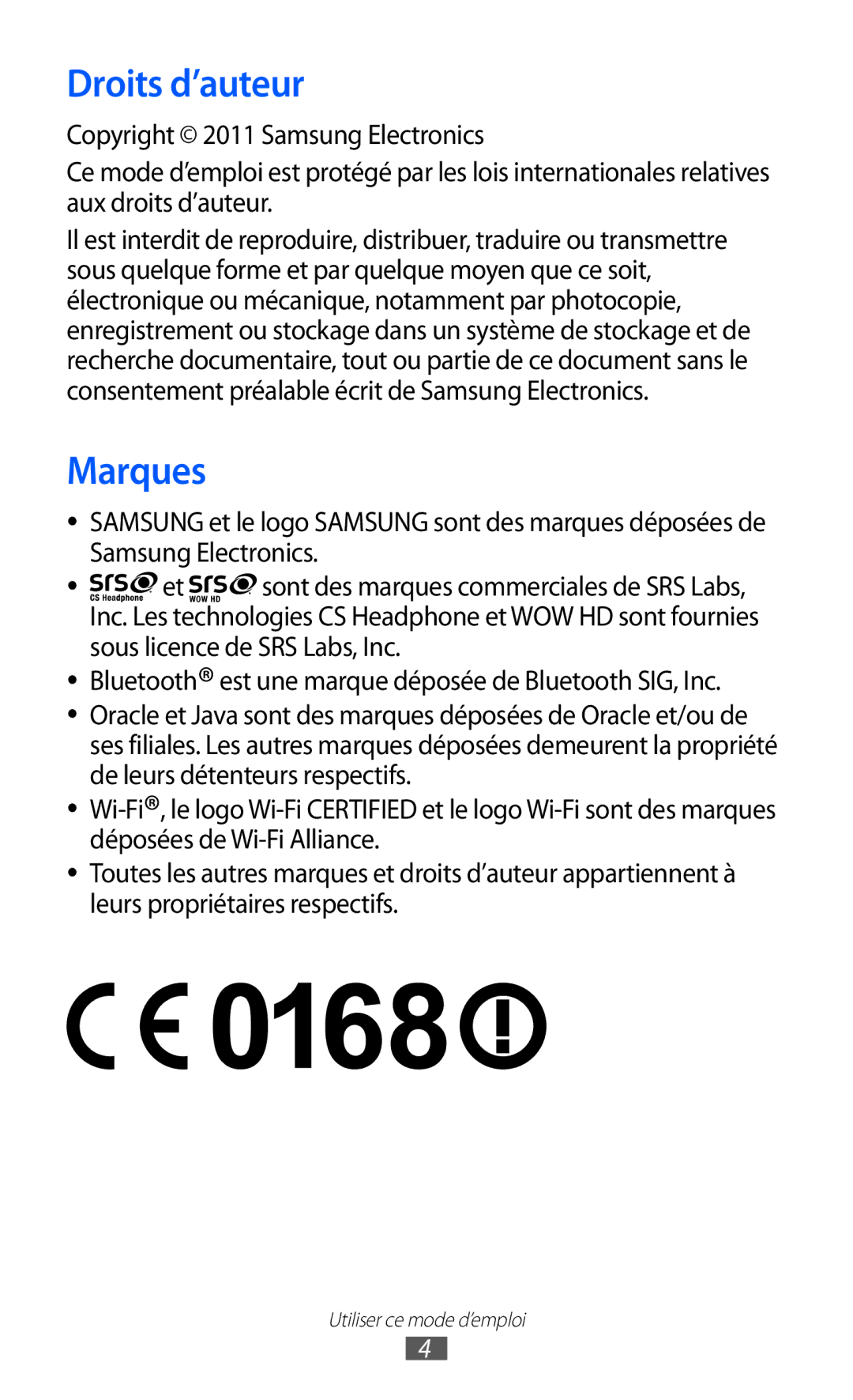 Samsung GT-S5780YKAFTM, GT-S5780YKANRJ, GT-S5780YKAXEF manual Droits d’auteur, Marques 