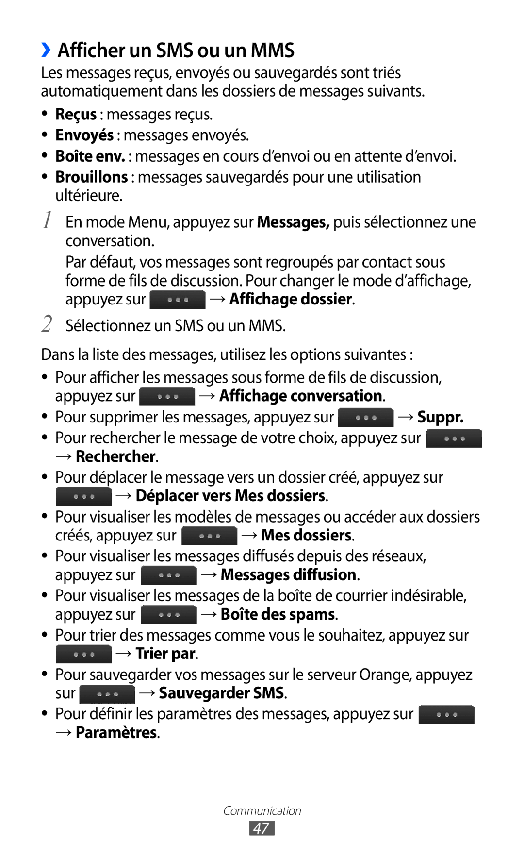 Samsung GT-S5780YKAXEF manual ››Afficher un SMS ou un MMS, Appuyez sur → Affichage dossier, → Rechercher, → Trier par 