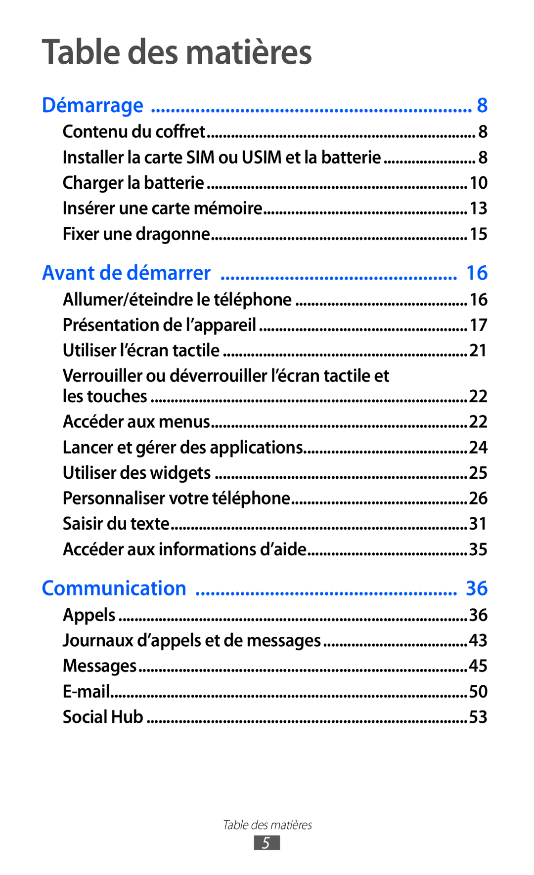 Samsung GT-S5780YKAXEF, GT-S5780YKANRJ, GT-S5780YKAFTM Table des matières, Verrouiller ou déverrouiller l’écran tactile et 