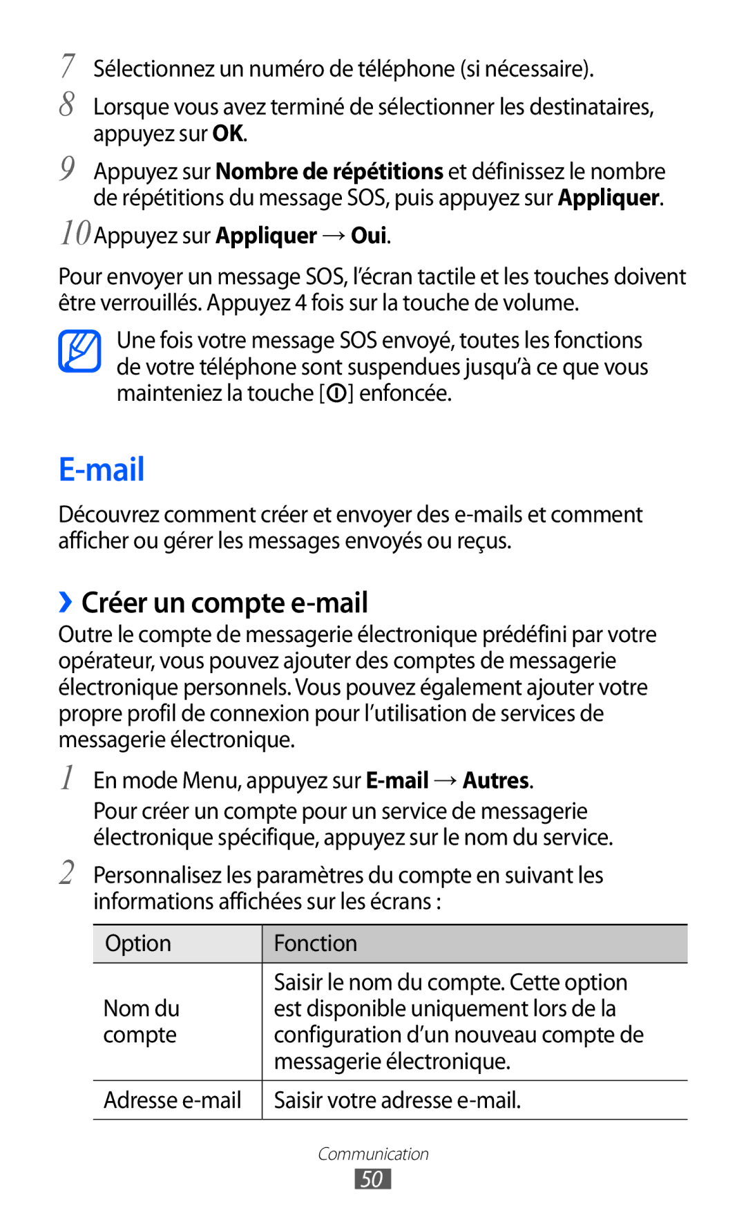 Samsung GT-S5780YKAXEF manual Mail, ››Créer un compte e-mail, 10Appuyez sur Appliquer → Oui, Saisir votre adresse e-mail 