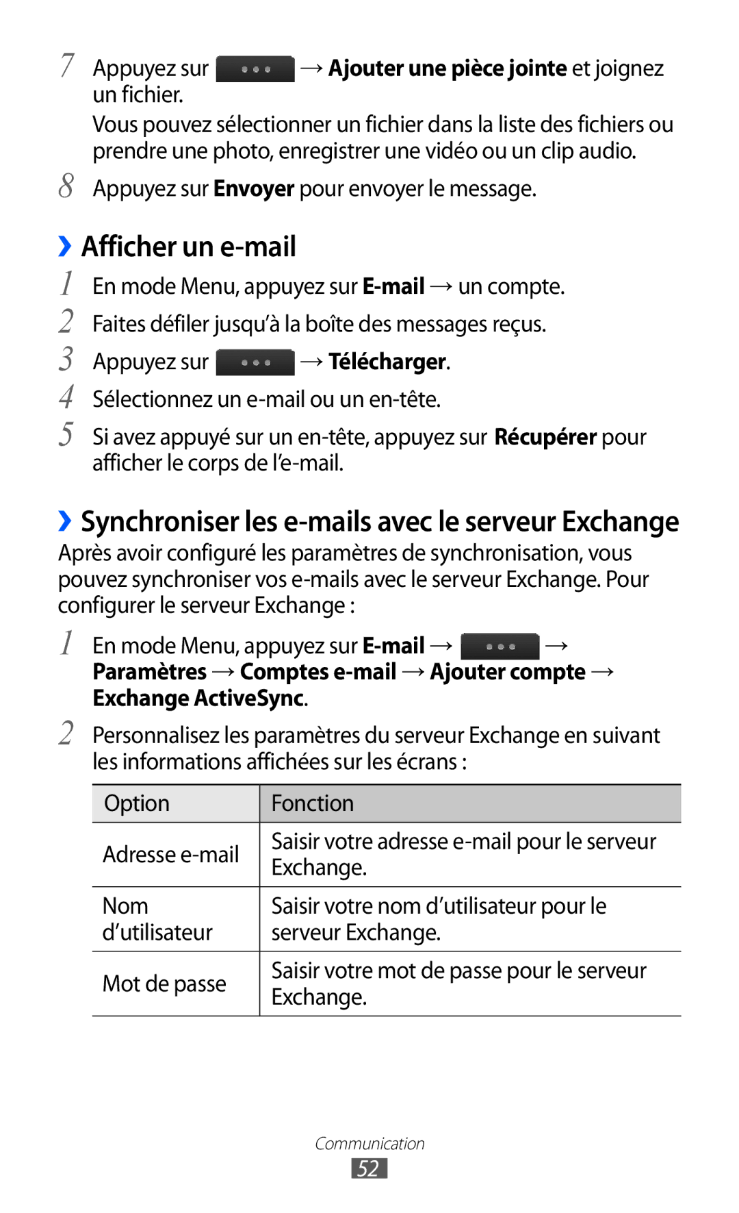 Samsung GT-S5780YKAFTM manual Afficher un e-mail, ››Synchroniser les e-mails avec le serveur Exchange, → Télécharger 