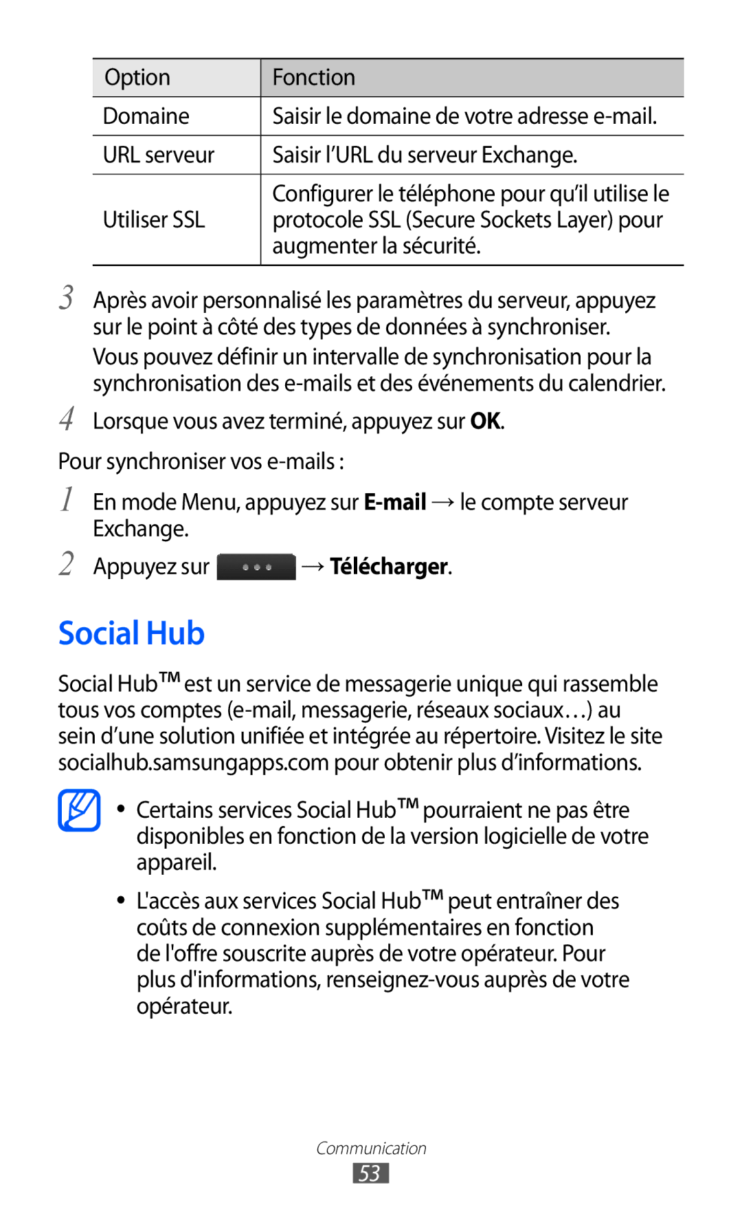 Samsung GT-S5780YKAXEF Social Hub, Option Fonction Domaine, URL serveur Saisir l’URL du serveur Exchange, Utiliser SSL 