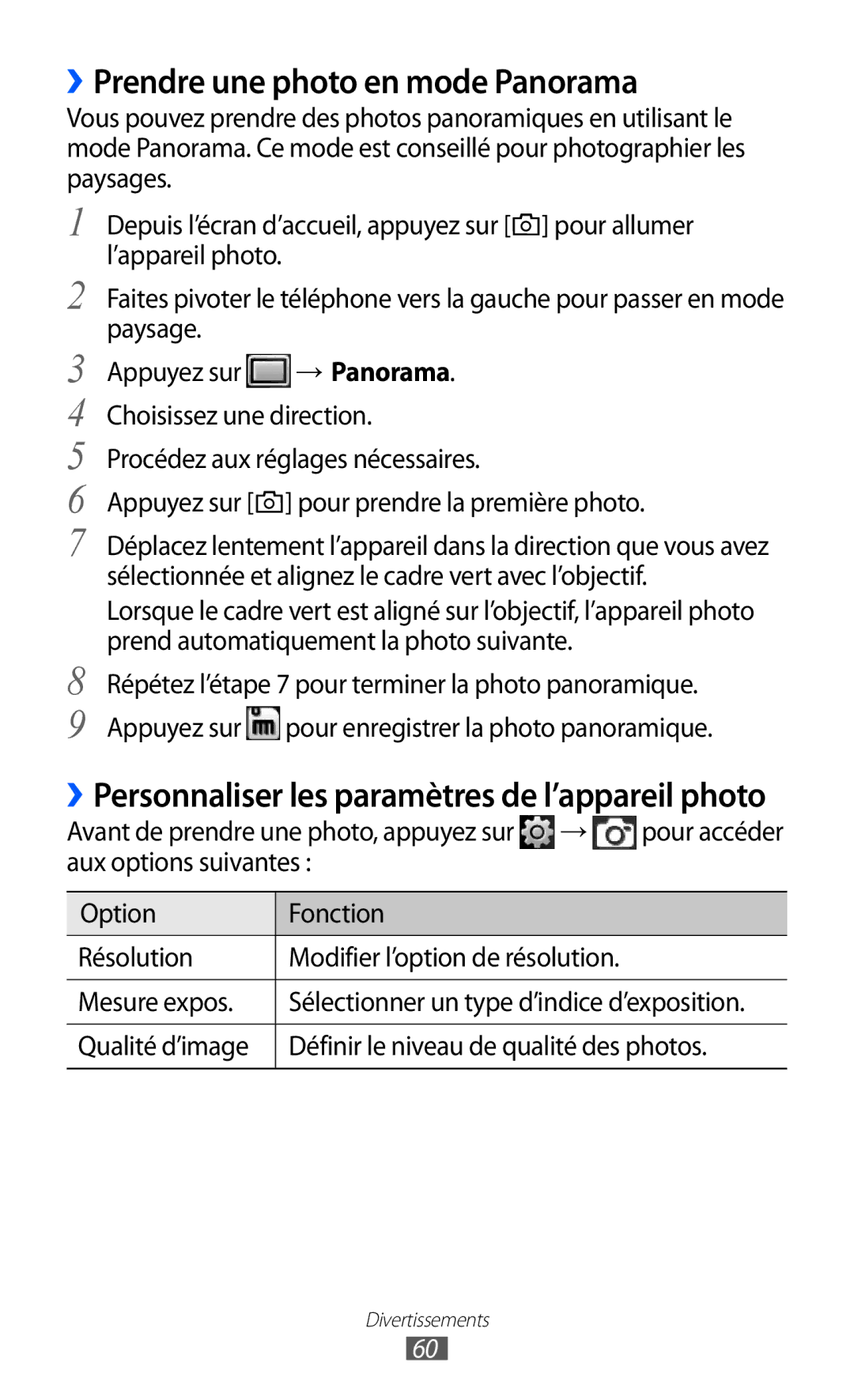 Samsung GT-S5780YKANRJ ››Prendre une photo en mode Panorama, Appuyez sur pour prendre la première photo, Mesure expos 