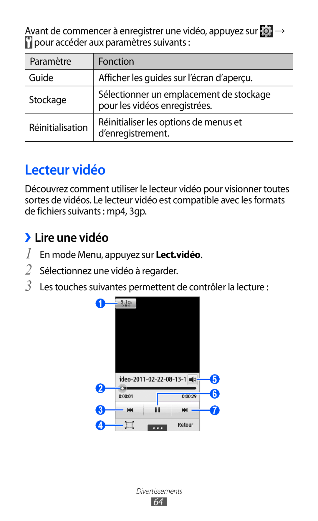 Samsung GT-S5780YKAFTM, GT-S5780YKANRJ, GT-S5780YKAXEF manual Lecteur vidéo, ››Lire une vidéo, Pour les vidéos enregistrées 