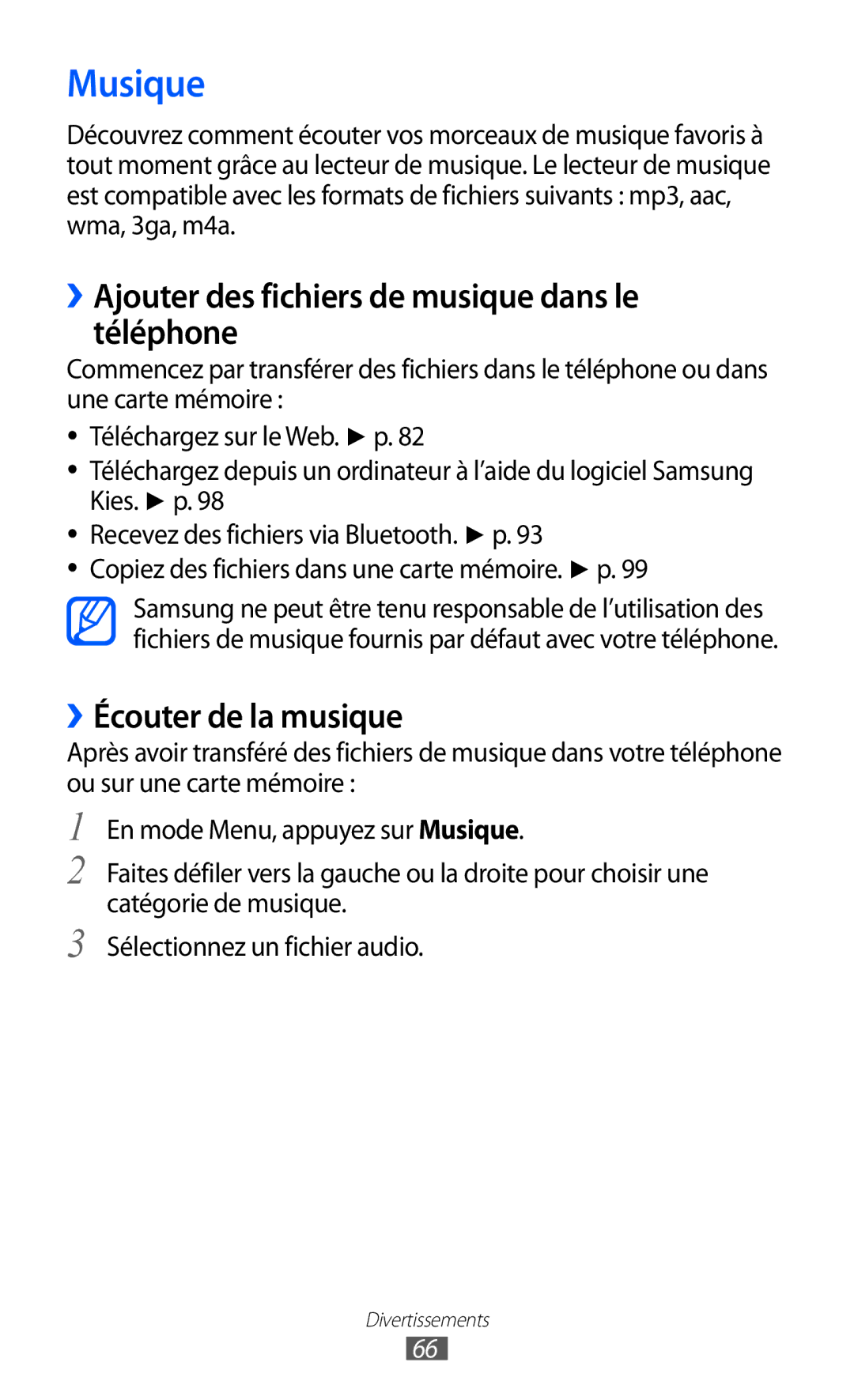 Samsung GT-S5780YKANRJ manual Musique, ››Ajouter des fichiers de musique dans le téléphone, ››Écouter de la musique 