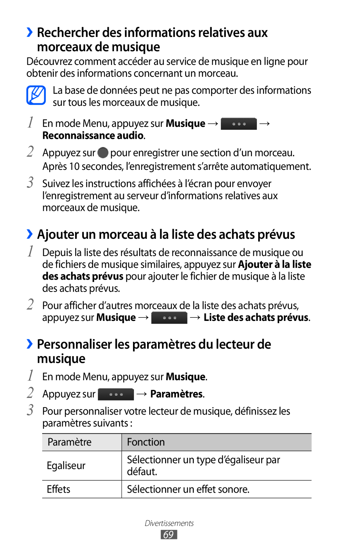 Samsung GT-S5780YKANRJ, GT-S5780YKAFTM manual ››Personnaliser les paramètres du lecteur de musique, Reconnaissance audio 