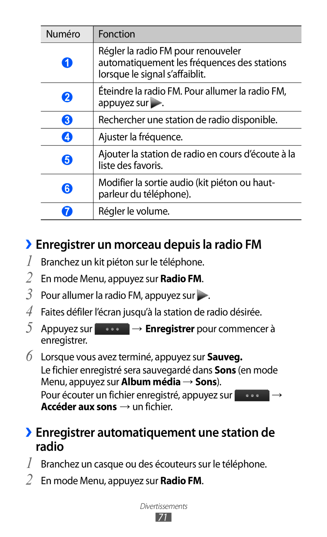 Samsung GT-S5780YKAXEF ››Enregistrer un morceau depuis la radio FM, ››Enregistrer automatiquement une station de radio 