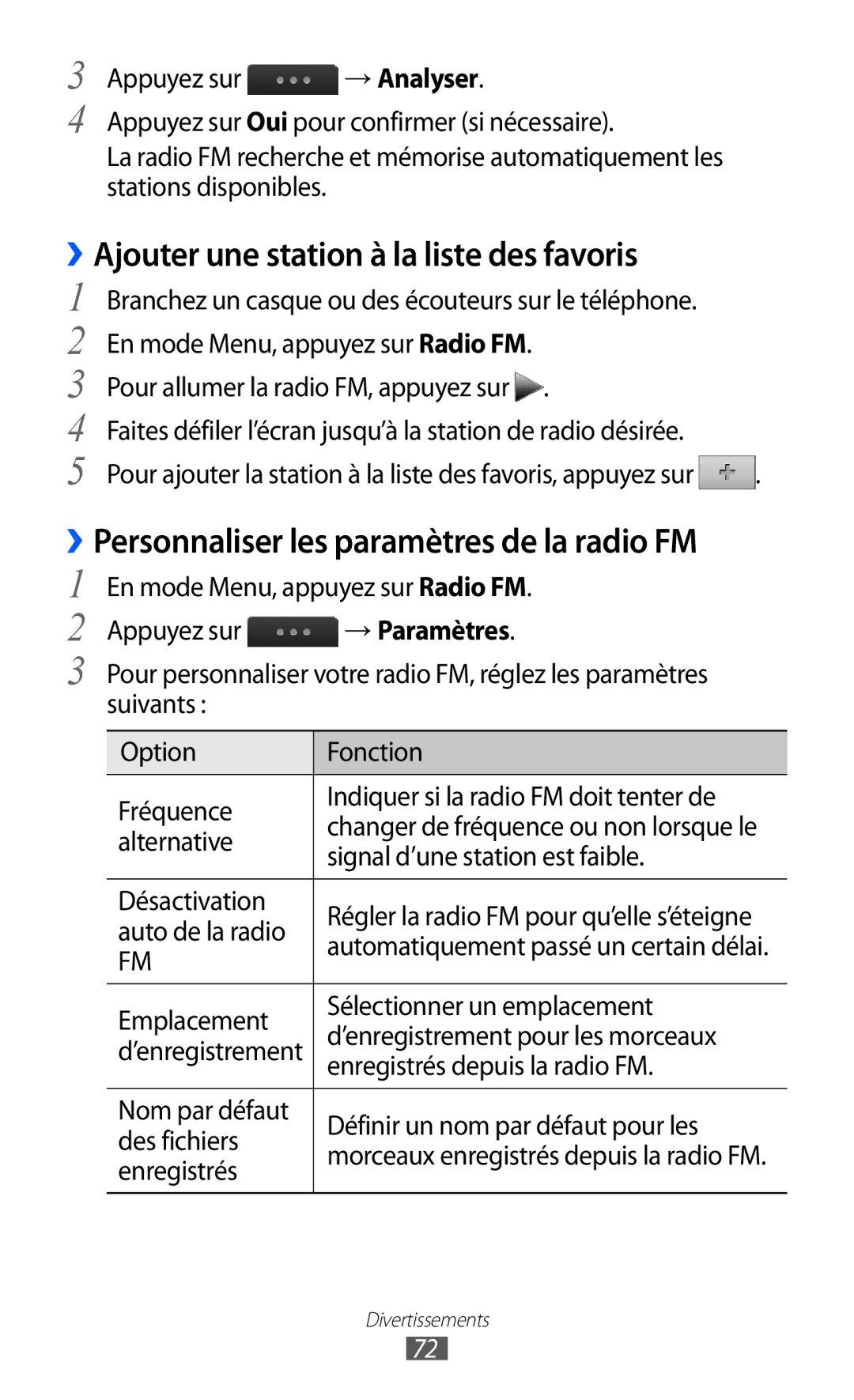 Samsung GT-S5780YKANRJ manual ››Ajouter une station à la liste des favoris, ››Personnaliser les paramètres de la radio FM 