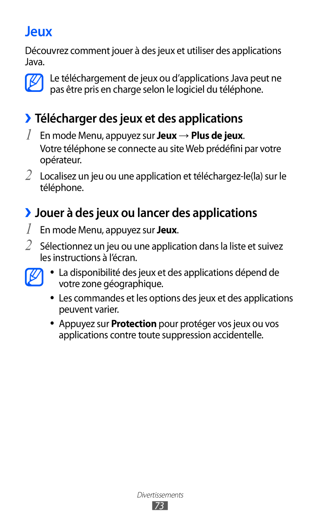 Samsung GT-S5780YKAFTM Jeux, ››Télécharger des jeux et des applications, ››Jouer à des jeux ou lancer des applications 