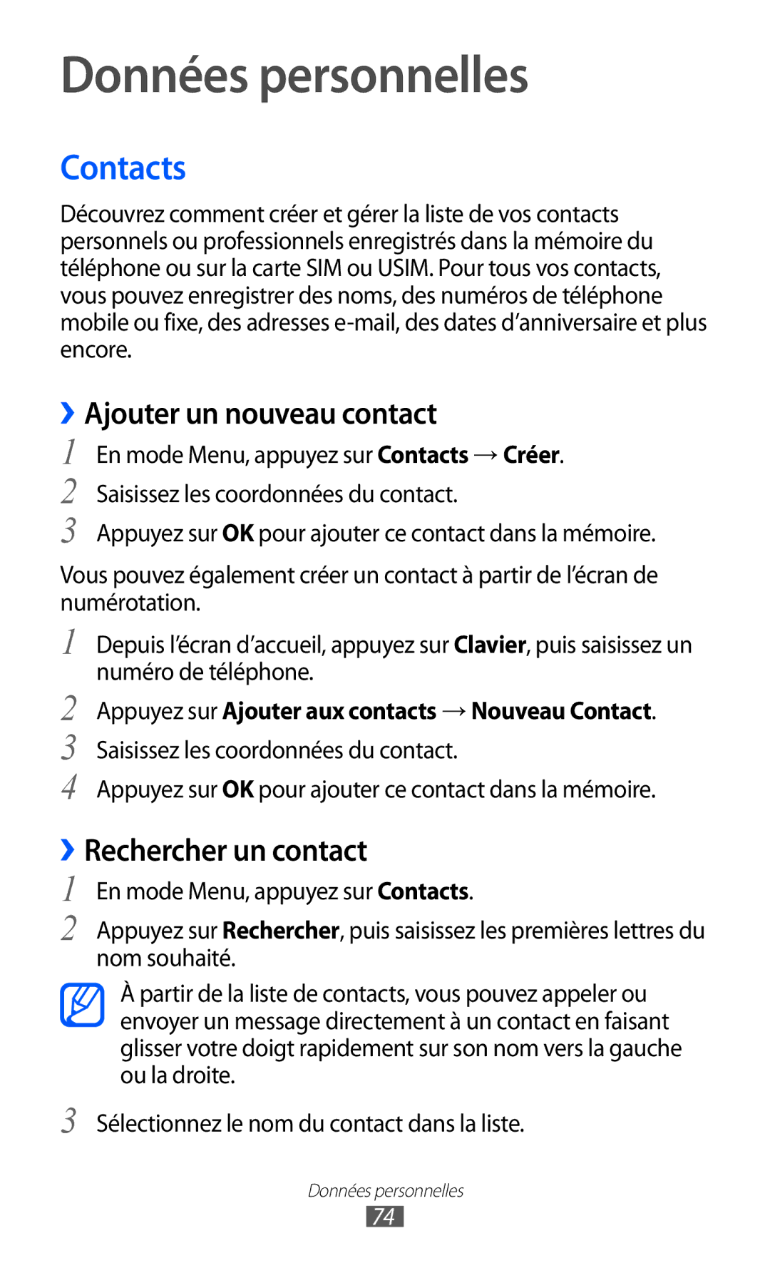 Samsung GT-S5780YKAXEF manual Données personnelles, Contacts, ››Ajouter un nouveau contact, ››Rechercher un contact 