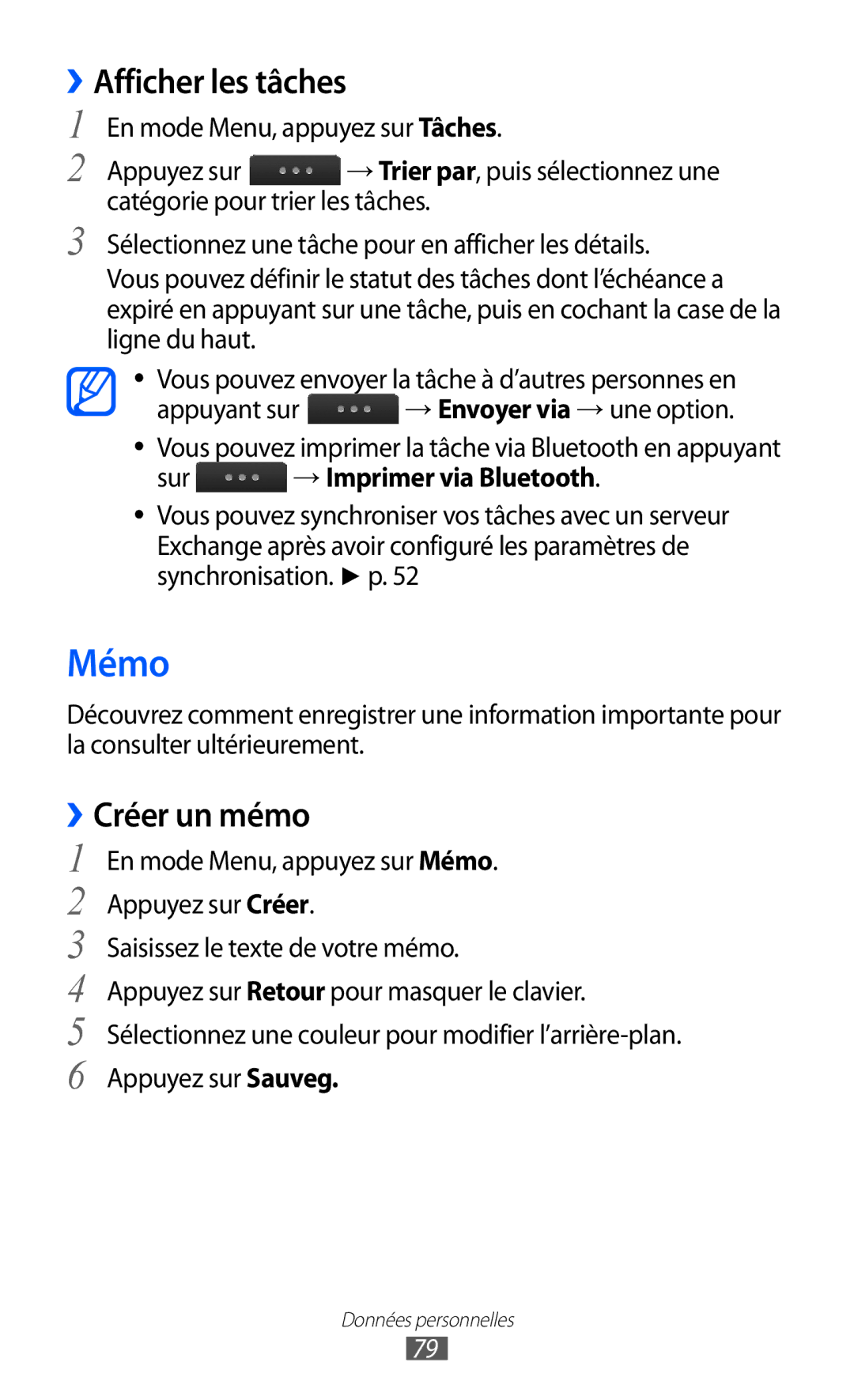 Samsung GT-S5780YKAFTM, GT-S5780YKANRJ manual Mémo, Afficher les tâches, ››Créer un mémo, Sur → Imprimer via Bluetooth 