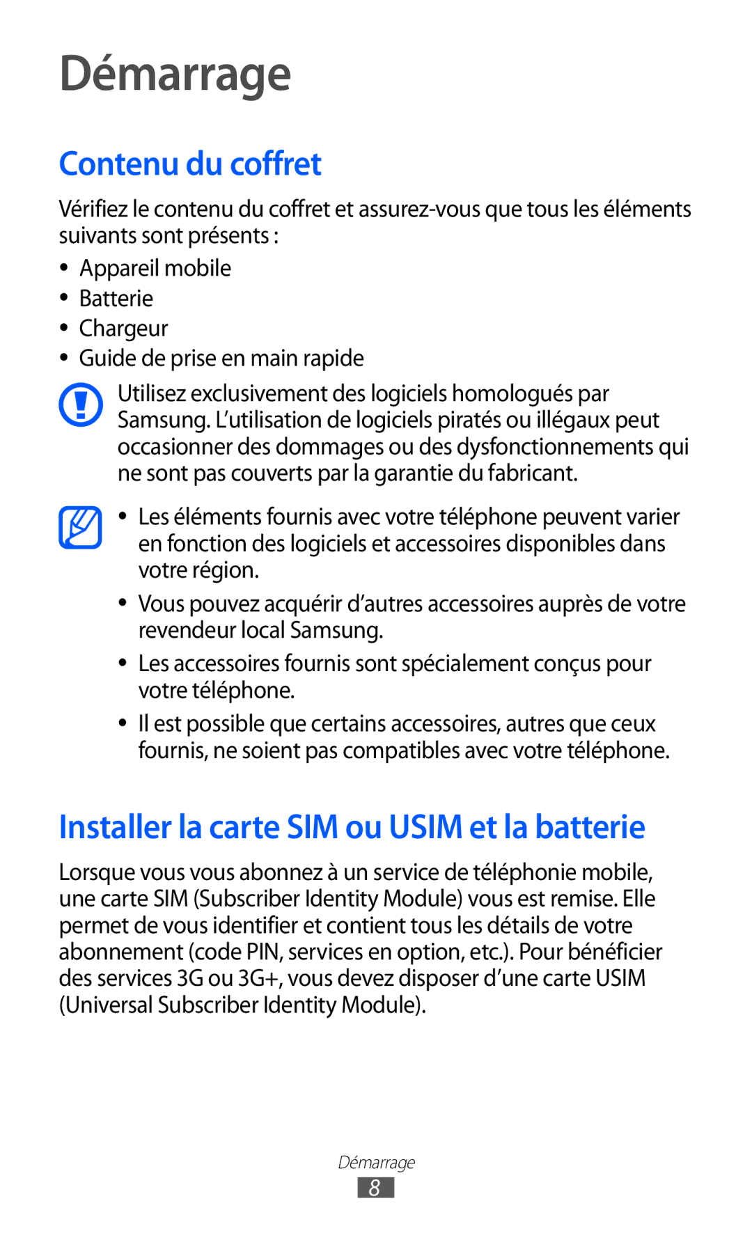 Samsung GT-S5780YKAXEF, GT-S5780YKANRJ, GT-S5780YKAFTM manual Démarrage, Contenu du coffret, Guide de prise en main rapide 