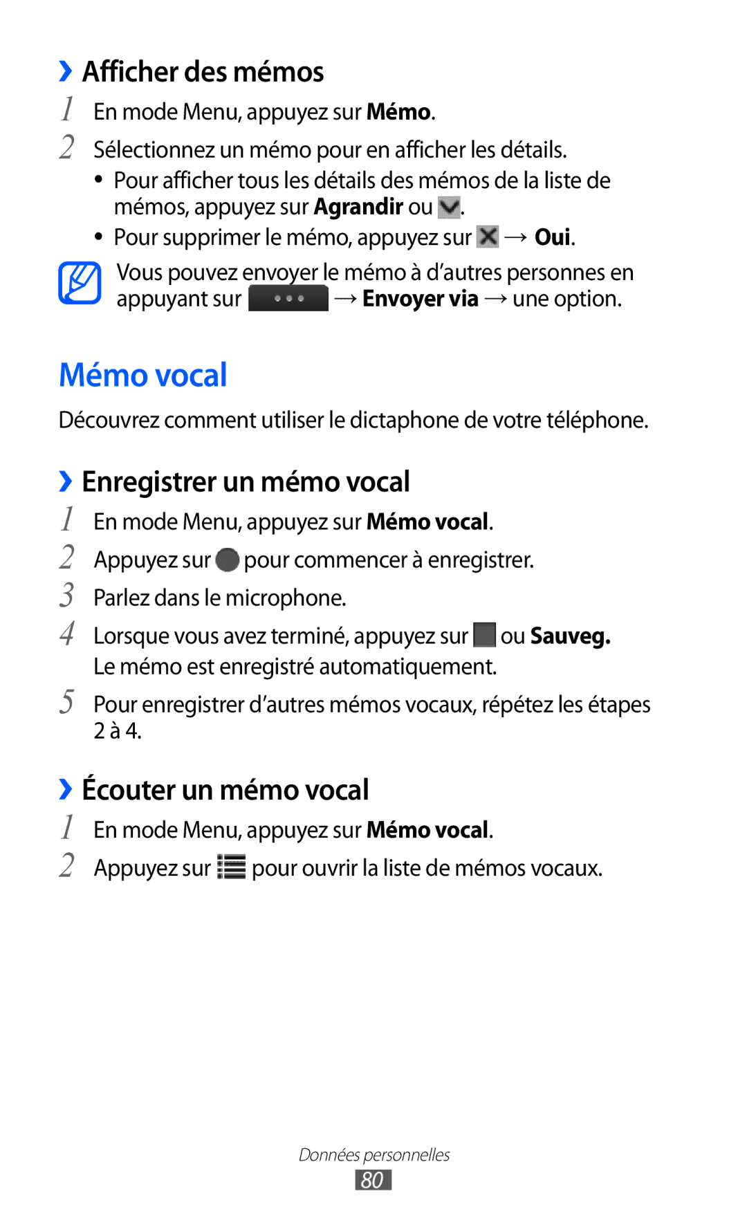 Samsung GT-S5780YKAXEF manual Mémo vocal, ››Afficher des mémos, Enregistrer un mémo vocal, ››Écouter un mémo vocal 