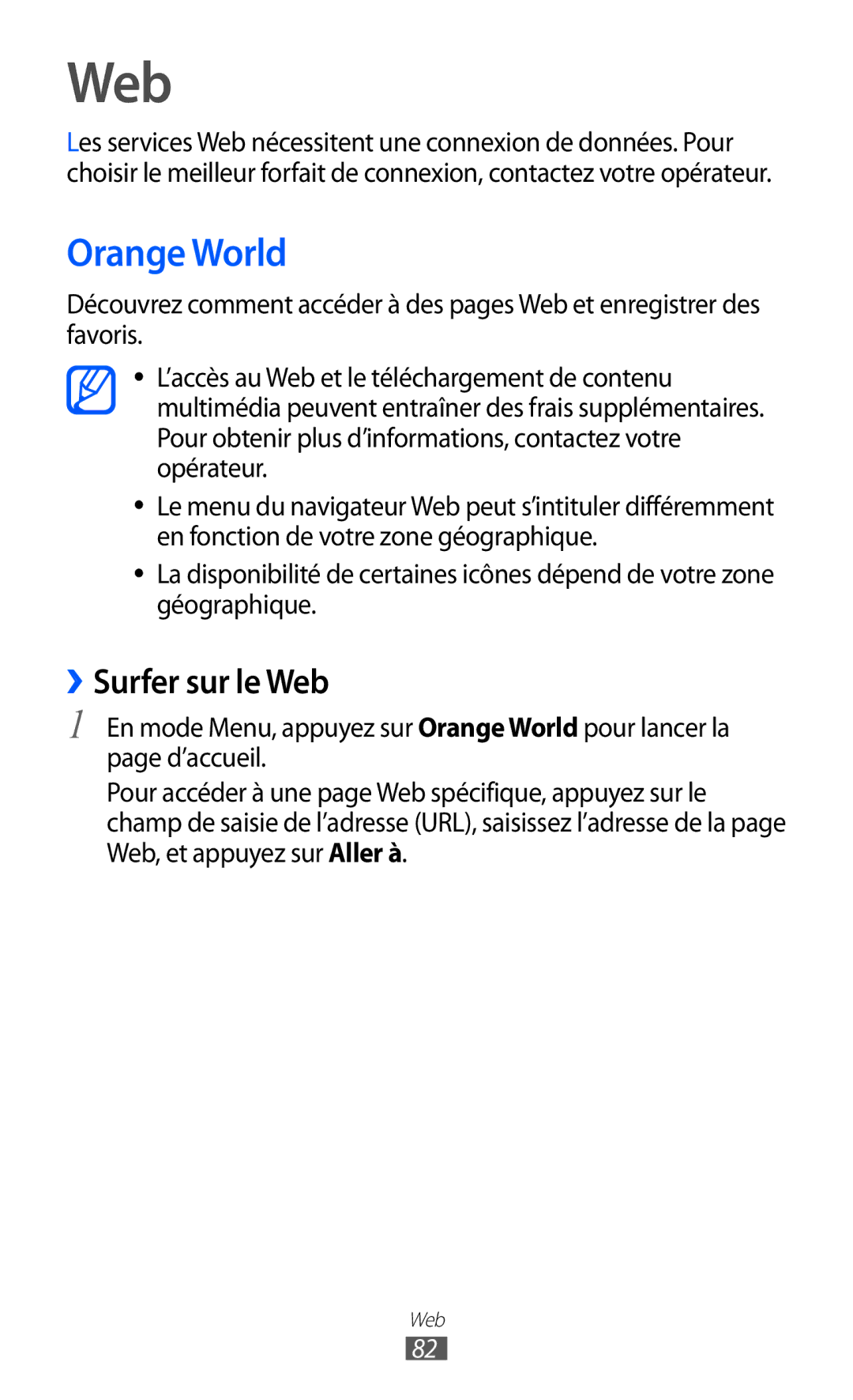 Samsung GT-S5780YKAFTM, GT-S5780YKANRJ, GT-S5780YKAXEF manual Orange World, ››Surfer sur le Web 