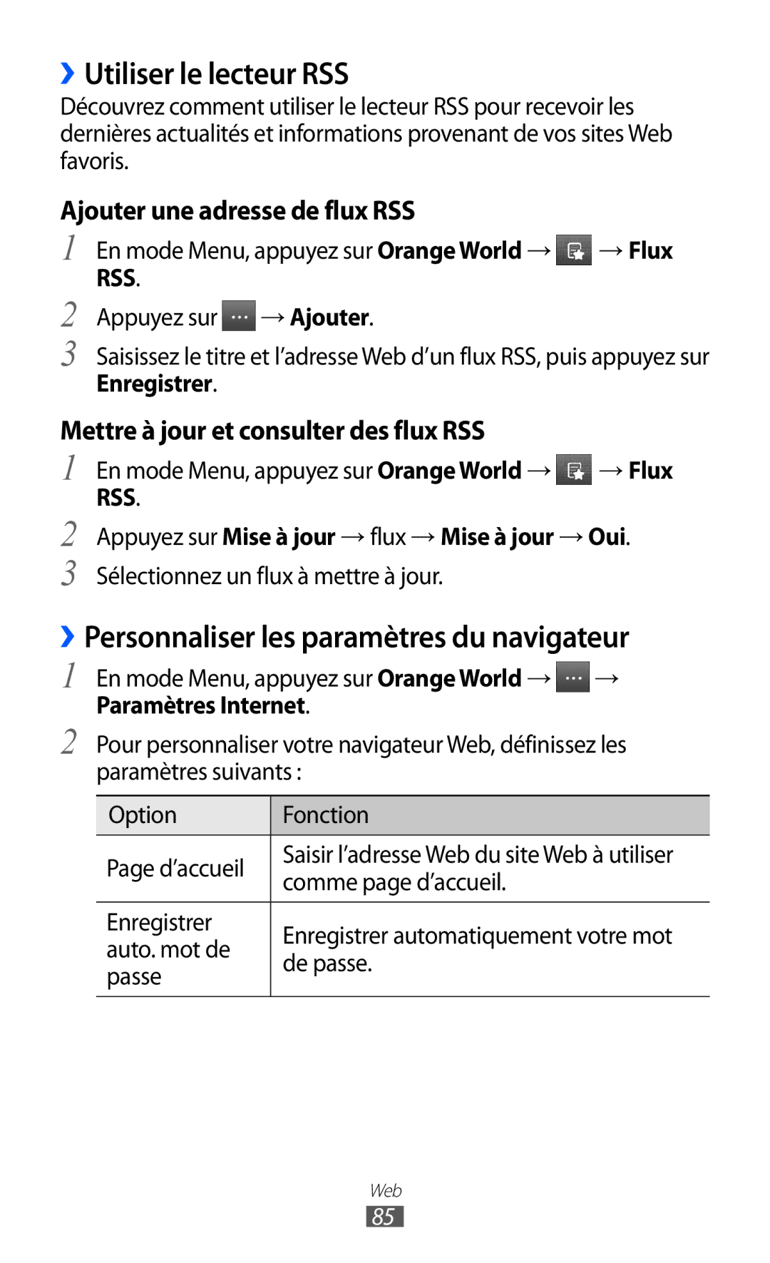 Samsung GT-S5780YKAFTM manual ››Utiliser le lecteur RSS, ››Personnaliser les paramètres du navigateur, Enregistrer 