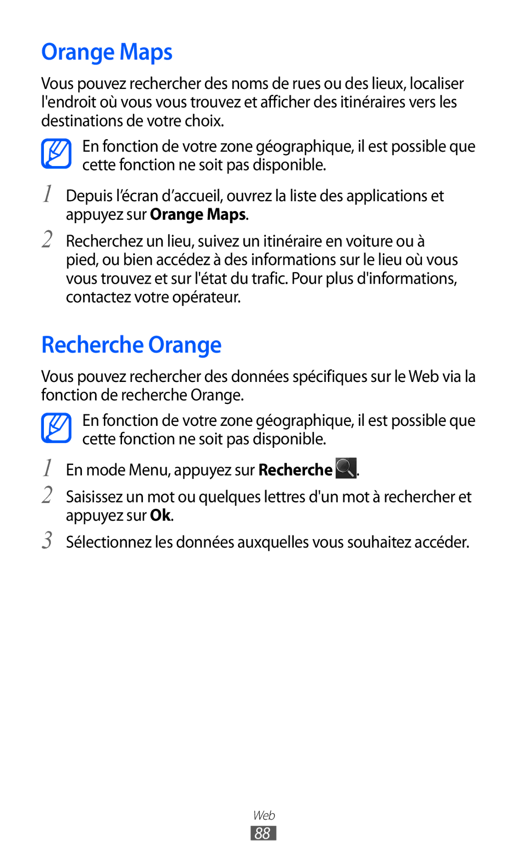 Samsung GT-S5780YKAFTM, GT-S5780YKANRJ, GT-S5780YKAXEF manual Orange Maps, Recherche Orange 