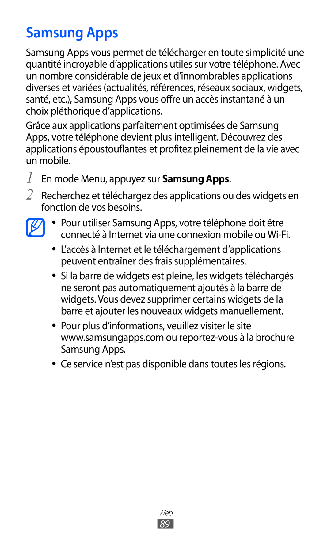 Samsung GT-S5780YKAXEF, GT-S5780YKANRJ manual Samsung Apps, Ce service n’est pas disponible dans toutes les régions 