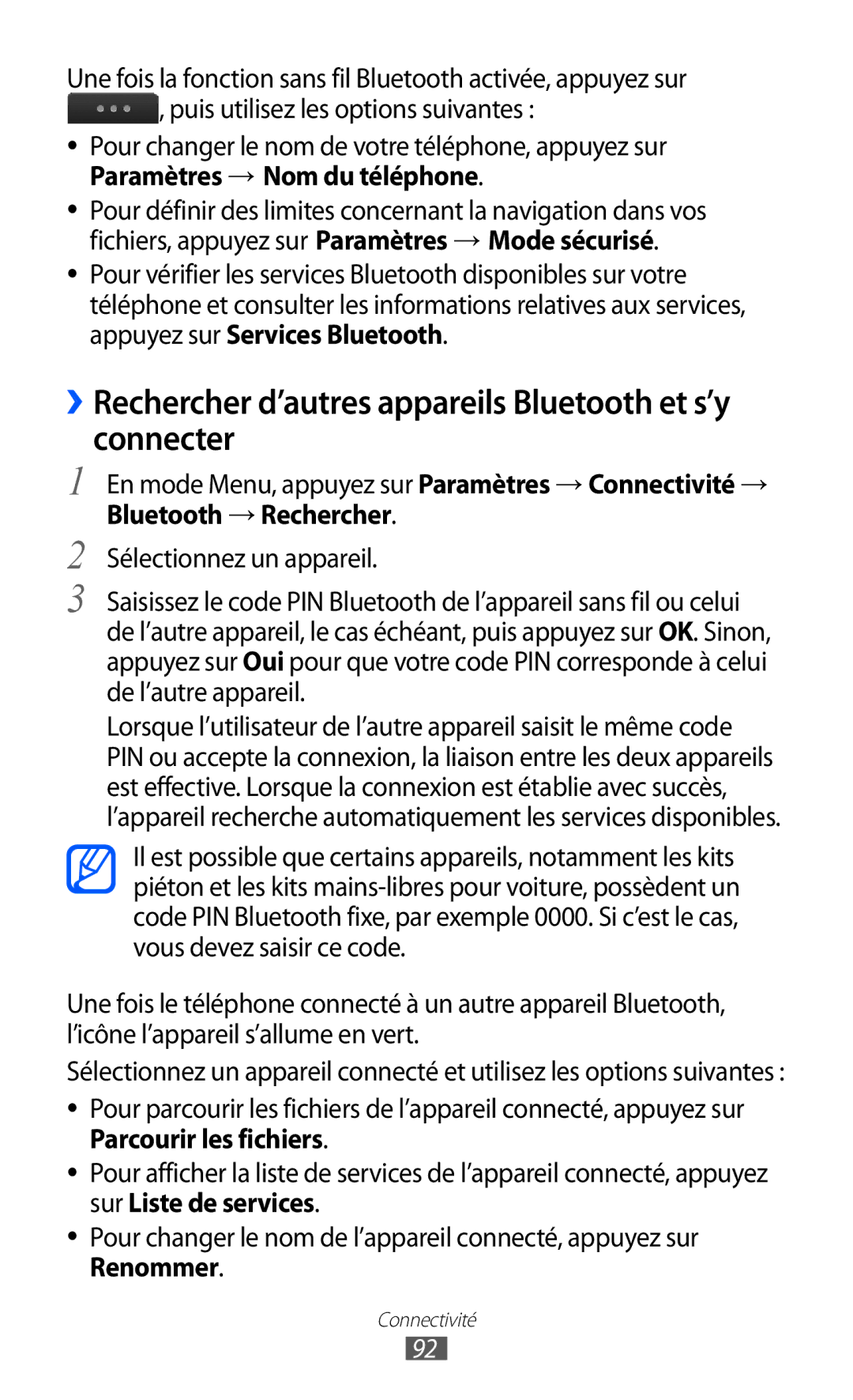 Samsung GT-S5780YKAXEF manual ››Rechercher d’autres appareils Bluetooth et s’y connecter, Paramètres → Nom du téléphone 