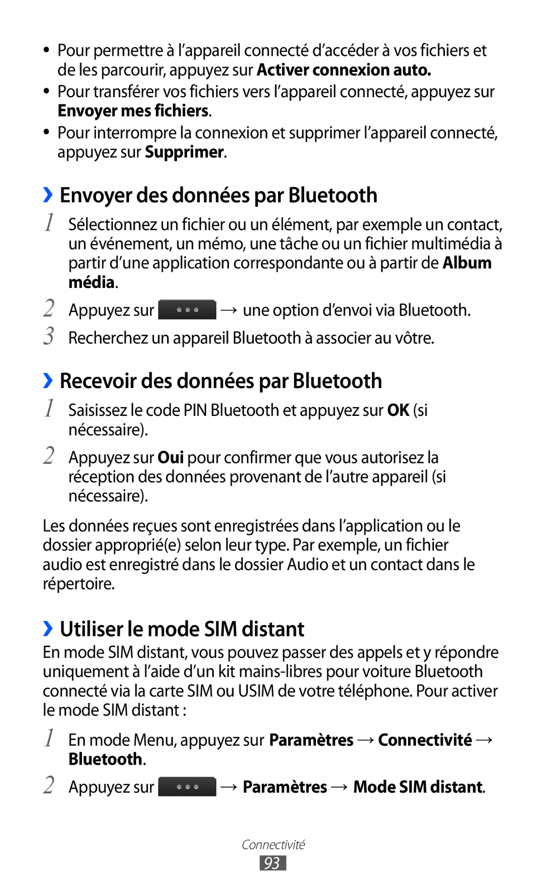 Samsung GT-S5780YKANRJ, GT-S5780YKAFTM manual ››Envoyer des données par Bluetooth, ››Recevoir des données par Bluetooth 