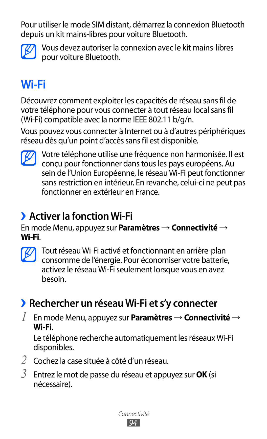 Samsung GT-S5780YKAFTM, GT-S5780YKANRJ manual ››Activer la fonction Wi-Fi, ››Rechercher un réseau Wi-Fi et s’y connecter 