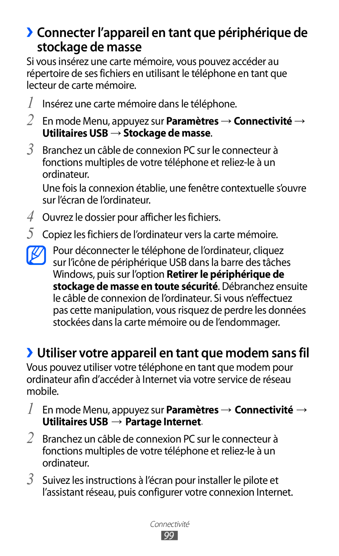 Samsung GT-S5780YKANRJ, GT-S5780YKAFTM, GT-S5780YKAXEF manual ››Utiliser votre appareil en tant que modem sans fil 