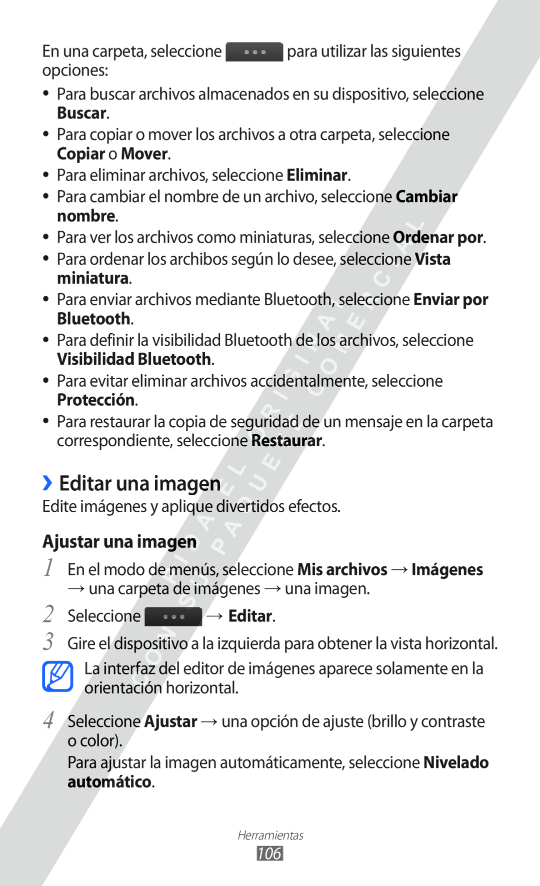 Samsung GT-S5780YKAFOP, GT-S5780YKAXEC, GT-S5780YKDXEC manual ››Editar una imagen, Ajustar una imagen, → Editar, 106 