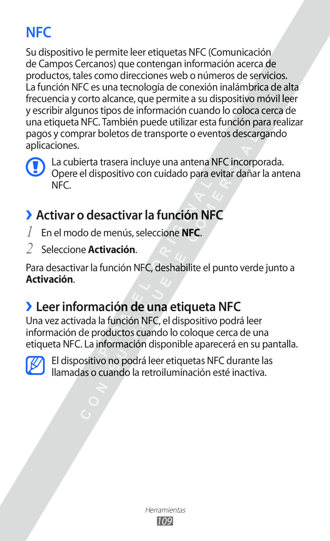 Samsung GT-S5780YKDXEC, GT-S5780YKAXEC ››Activar o desactivar la función NFC, ››Leer información de una etiqueta NFC, 109 