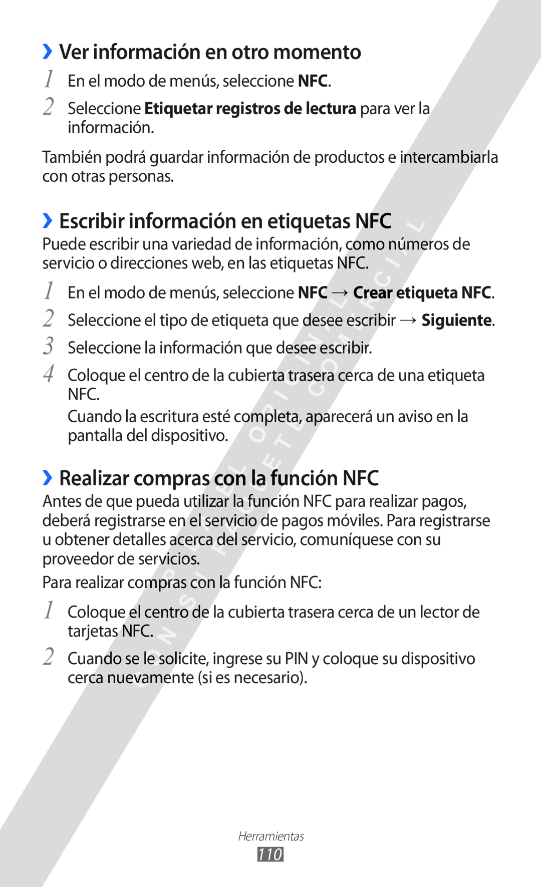 Samsung GT-S5780YKAFOP, GT-S5780YKAXEC ››Ver información en otro momento, ››Escribir información en etiquetas NFC, 110 