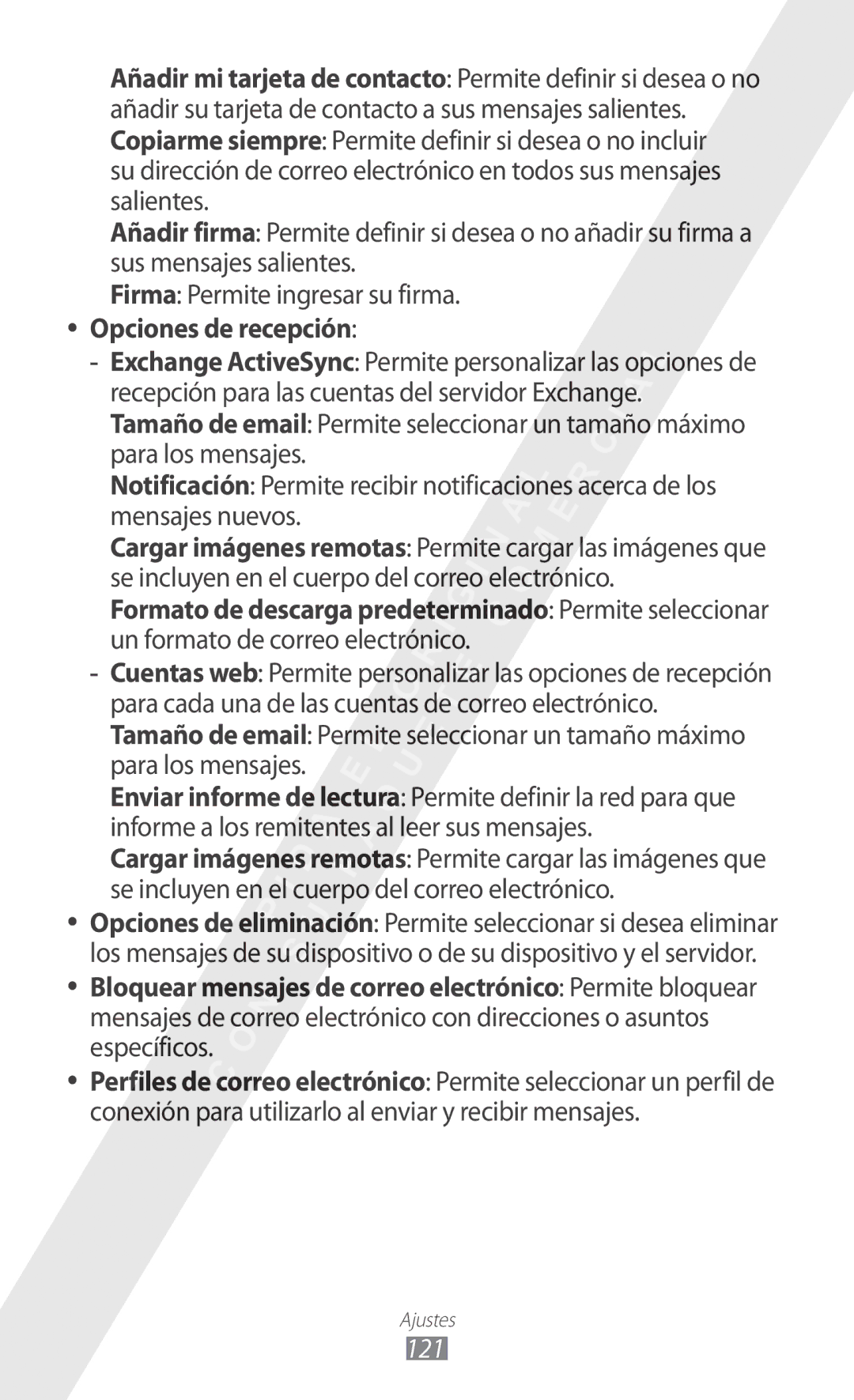 Samsung GT-S5780YKDXEC, GT-S5780YKAXEC, GT-S5780YKAFOP manual 121, Firma Permite ingresar su firma. Opciones de recepción 