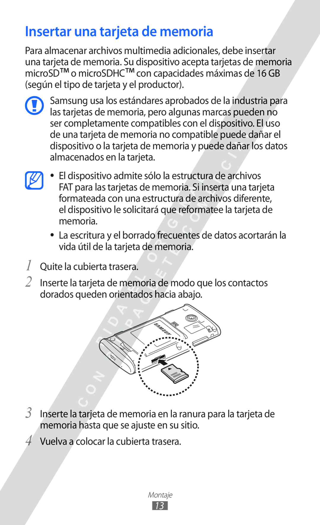 Samsung GT-S5780YKDXEC, GT-S5780YKAXEC, GT-S5780YKAFOP, GT-S5780YKAAMN manual Insertar una tarjeta de memoria 