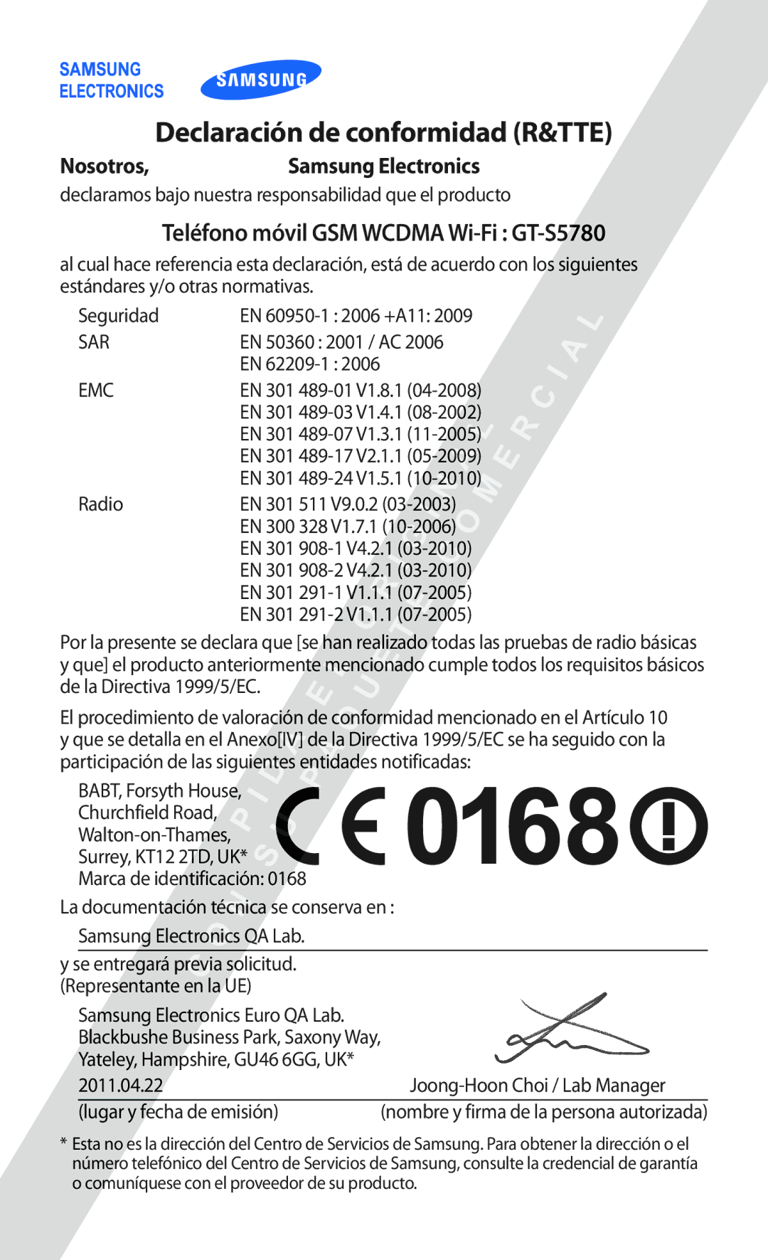 Samsung GT-S5780YKAAMN, GT-S5780YKAXEC manual Declaración de conformidad R&TTE, Teléfono móvil GSM Wcdma Wi-Fi GT-S5780 