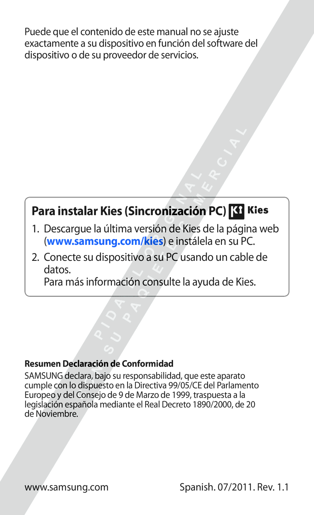 Samsung GT-S5780YKAXEC, GT-S5780YKDXEC manual Para instalar Kies Sincronización PC, Resumen Declaración de Conformidad 