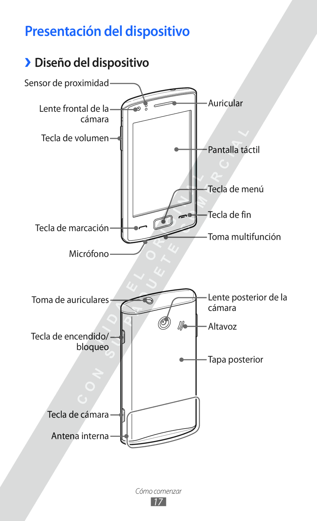 Samsung GT-S5780YKDXEC, GT-S5780YKAXEC, GT-S5780YKAFOP manual Presentación del dispositivo, ››Diseño del dispositivo 