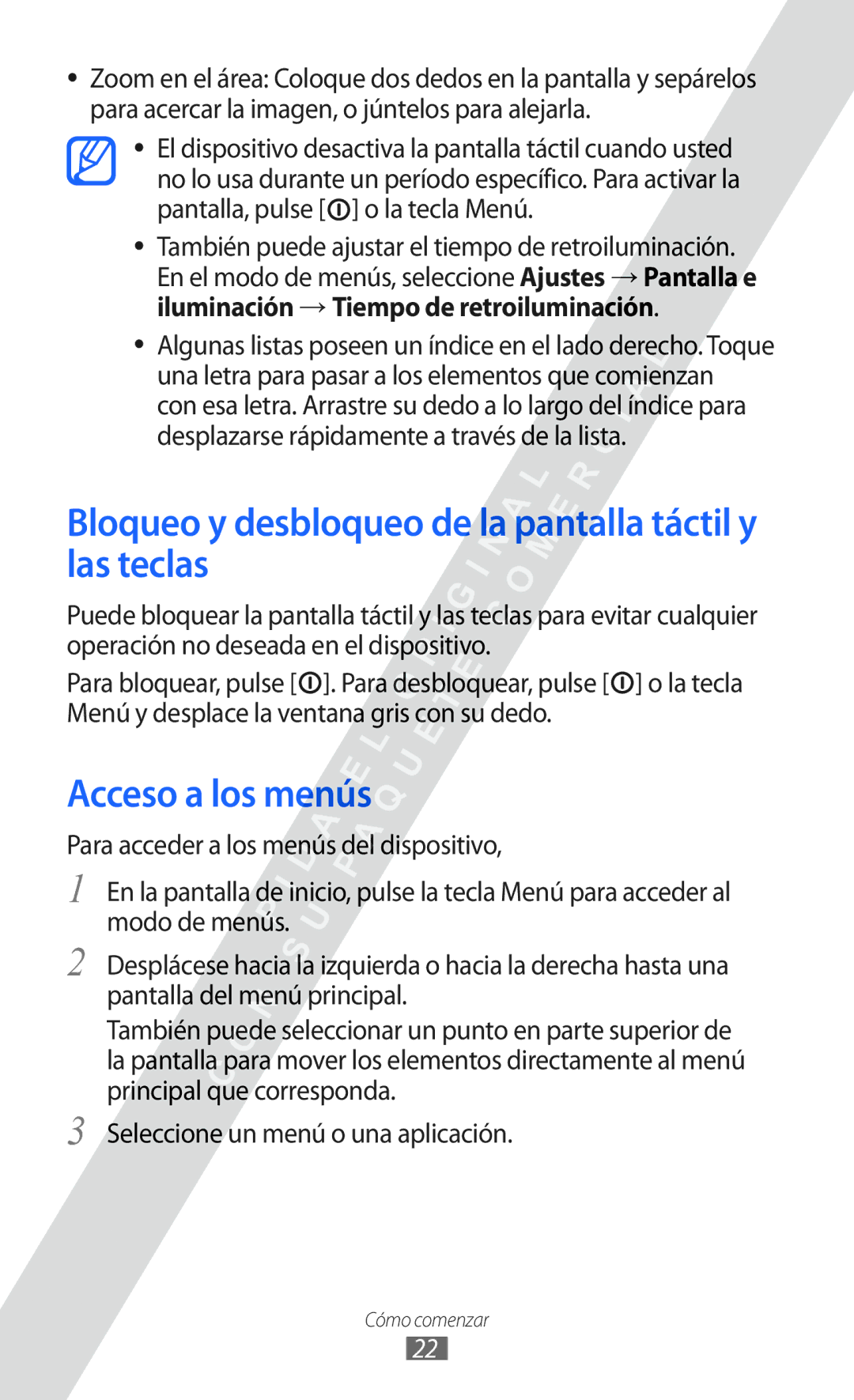 Samsung GT-S5780YKAFOP, GT-S5780YKAXEC manual Bloqueo y desbloqueo de la pantalla táctil y las teclas, Acceso a los menús 