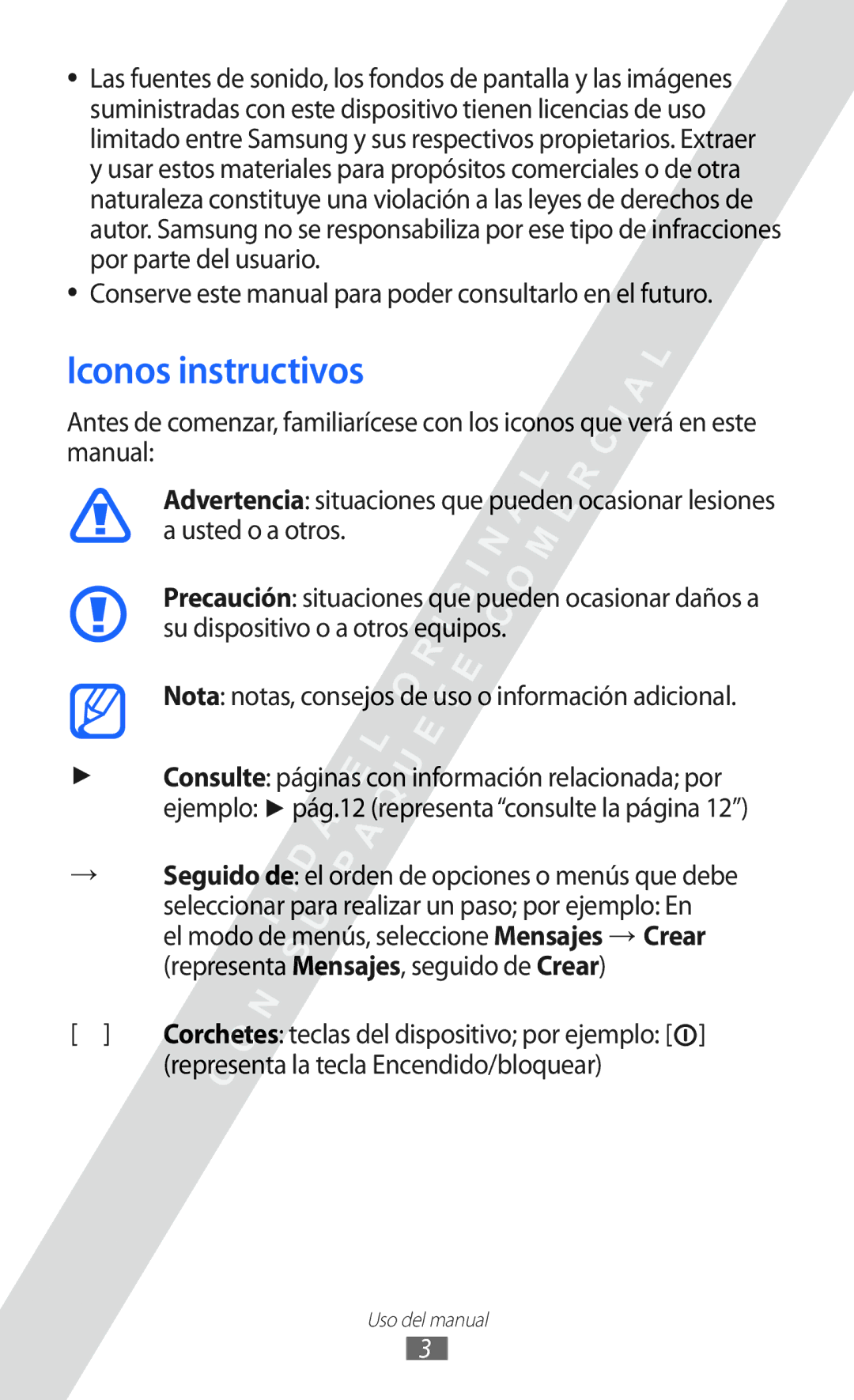 Samsung GT-S5780YKAAMN, GT-S5780YKAXEC Iconos instructivos, Conserve este manual para poder consultarlo en el futuro 