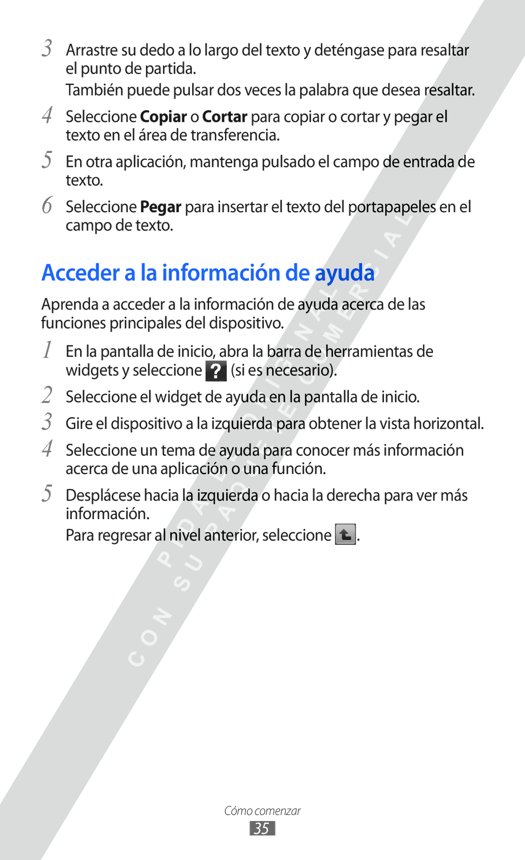 Samsung GT-S5780YKAAMN manual Acceder a la información de ayuda, Seleccione el widget de ayuda en la pantalla de inicio 