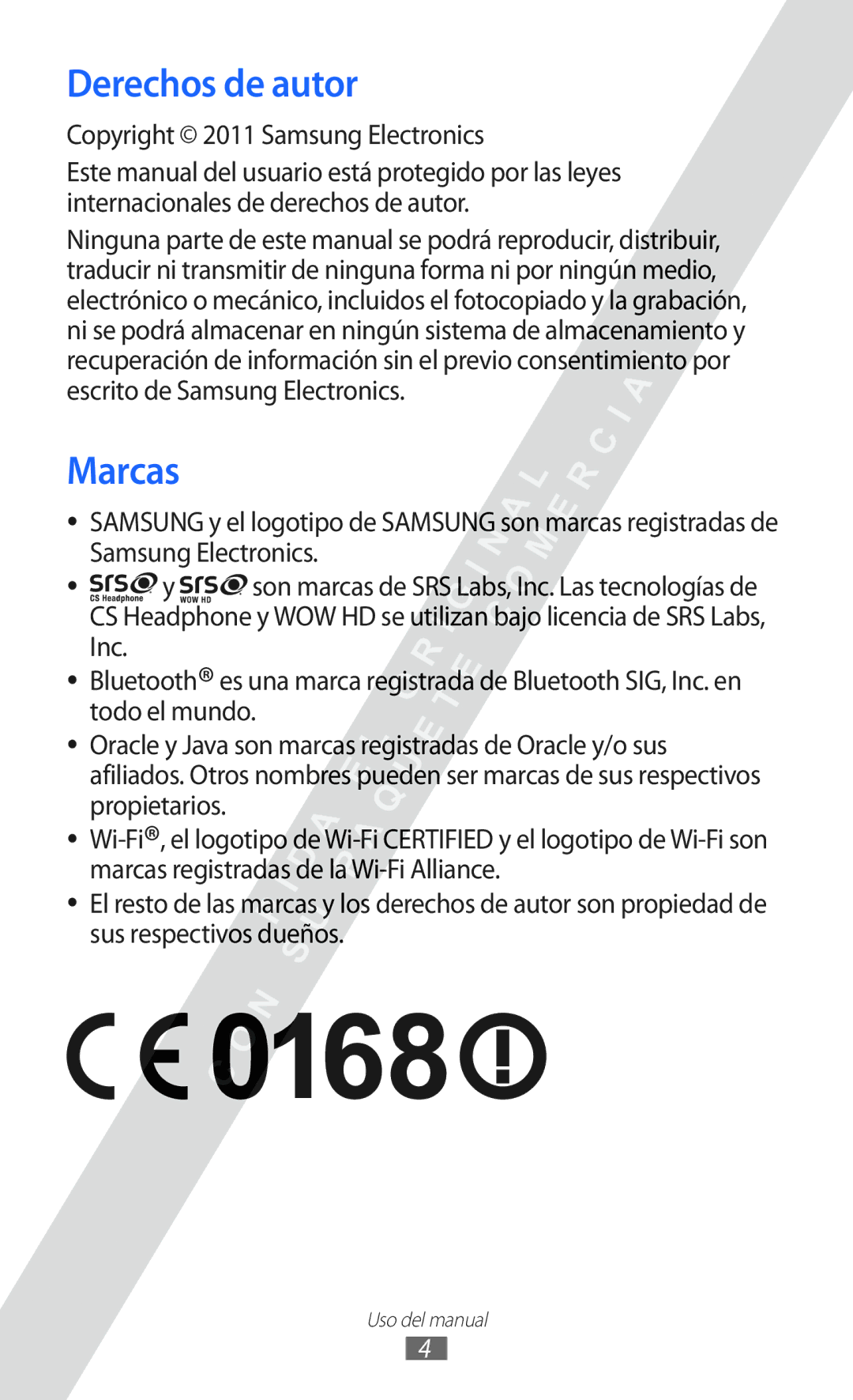 Samsung GT-S5780YKAXEC, GT-S5780YKDXEC, GT-S5780YKAFOP manual Derechos de autor, Marcas, Copyright 2011 Samsung Electronics 