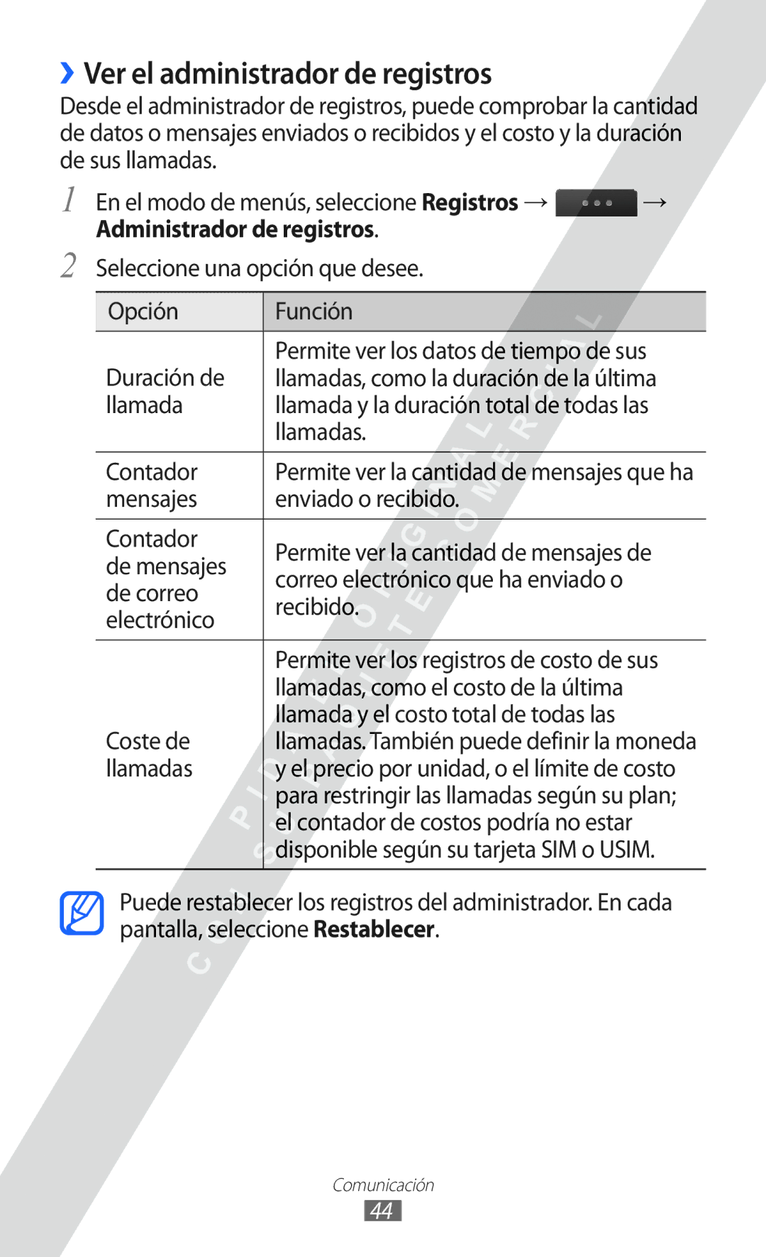 Samsung GT-S5780YKAXEC, GT-S5780YKDXEC, GT-S5780YKAFOP manual ››Ver el administrador de registros, Administrador de registros 