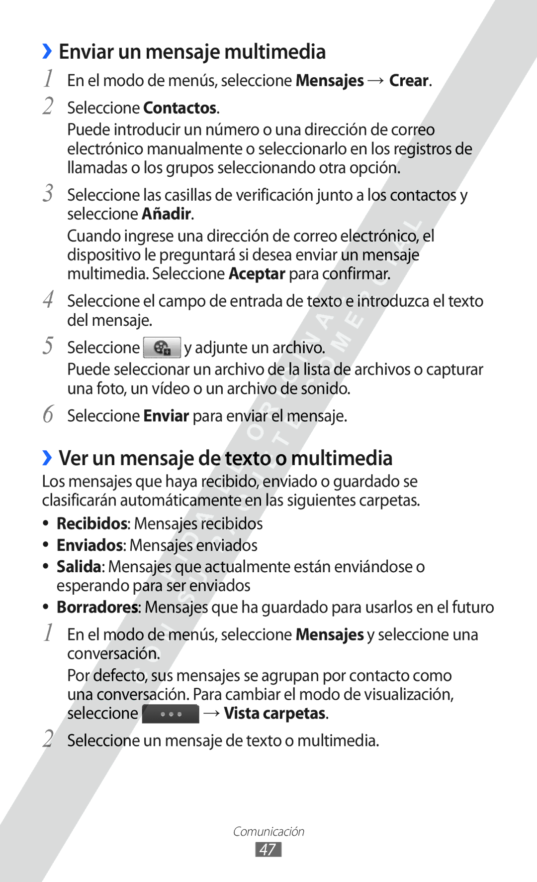 Samsung GT-S5780YKAAMN, GT-S5780YKAXEC manual ››Enviar un mensaje multimedia, ››Ver un mensaje de texto o multimedia 