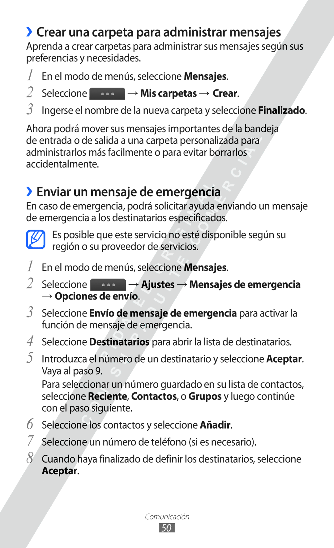 Samsung GT-S5780YKAFOP, GT-S5780YKAXEC ››Crear una carpeta para administrar mensajes, ››Enviar un mensaje de emergencia 