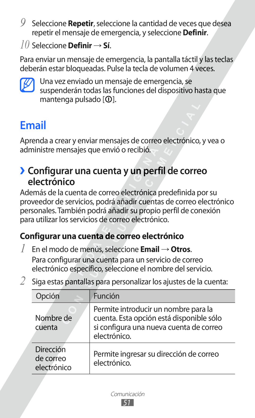 Samsung GT-S5780YKAAMN, GT-S5780YKAXEC, GT-S5780YKDXEC manual ››Configurar una cuenta y un perfil de correo electrónico 