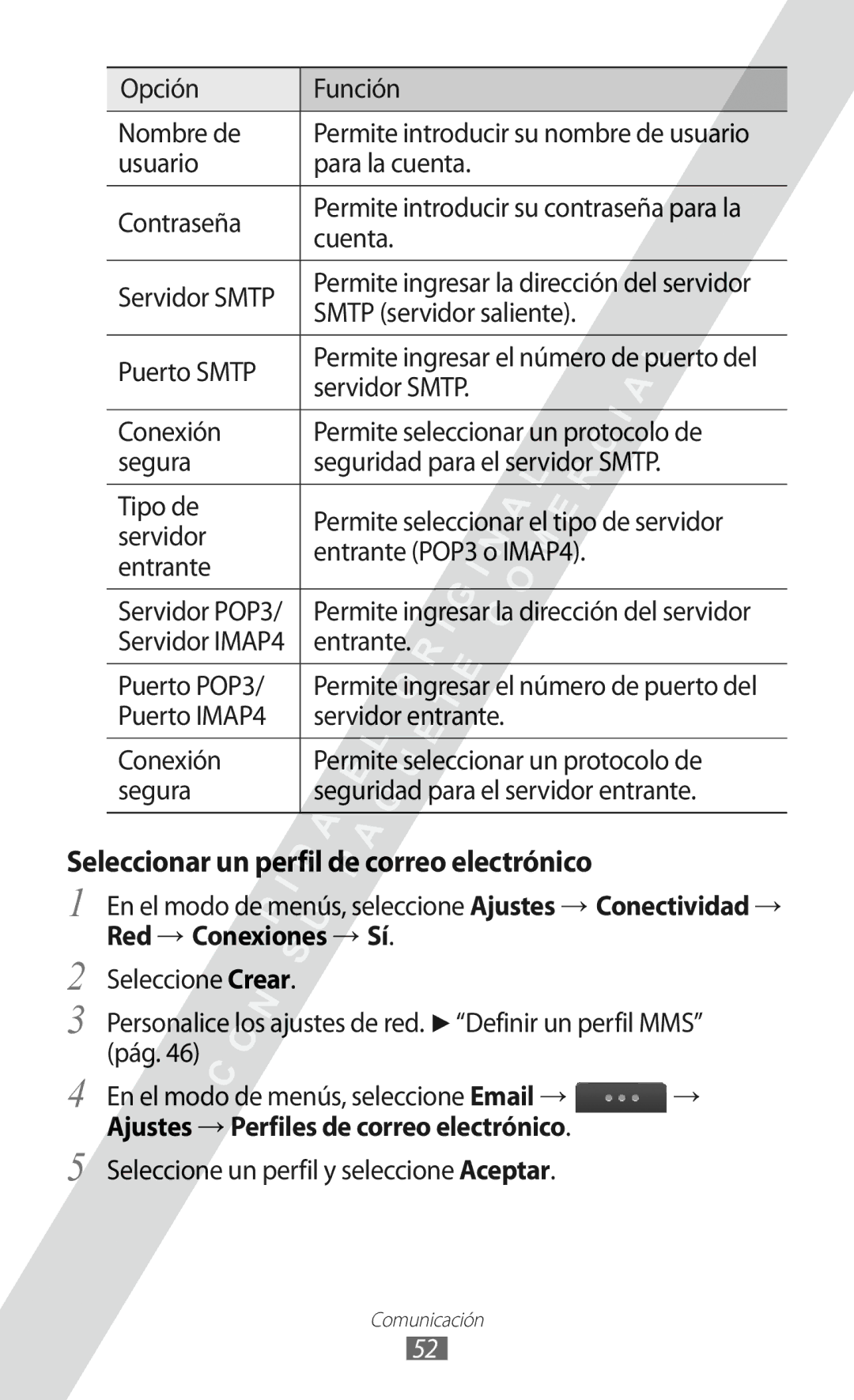 Samsung GT-S5780YKAXEC manual Seleccionar un perfil de correo electrónico, Ajustes → Perfiles de correo electrónico 