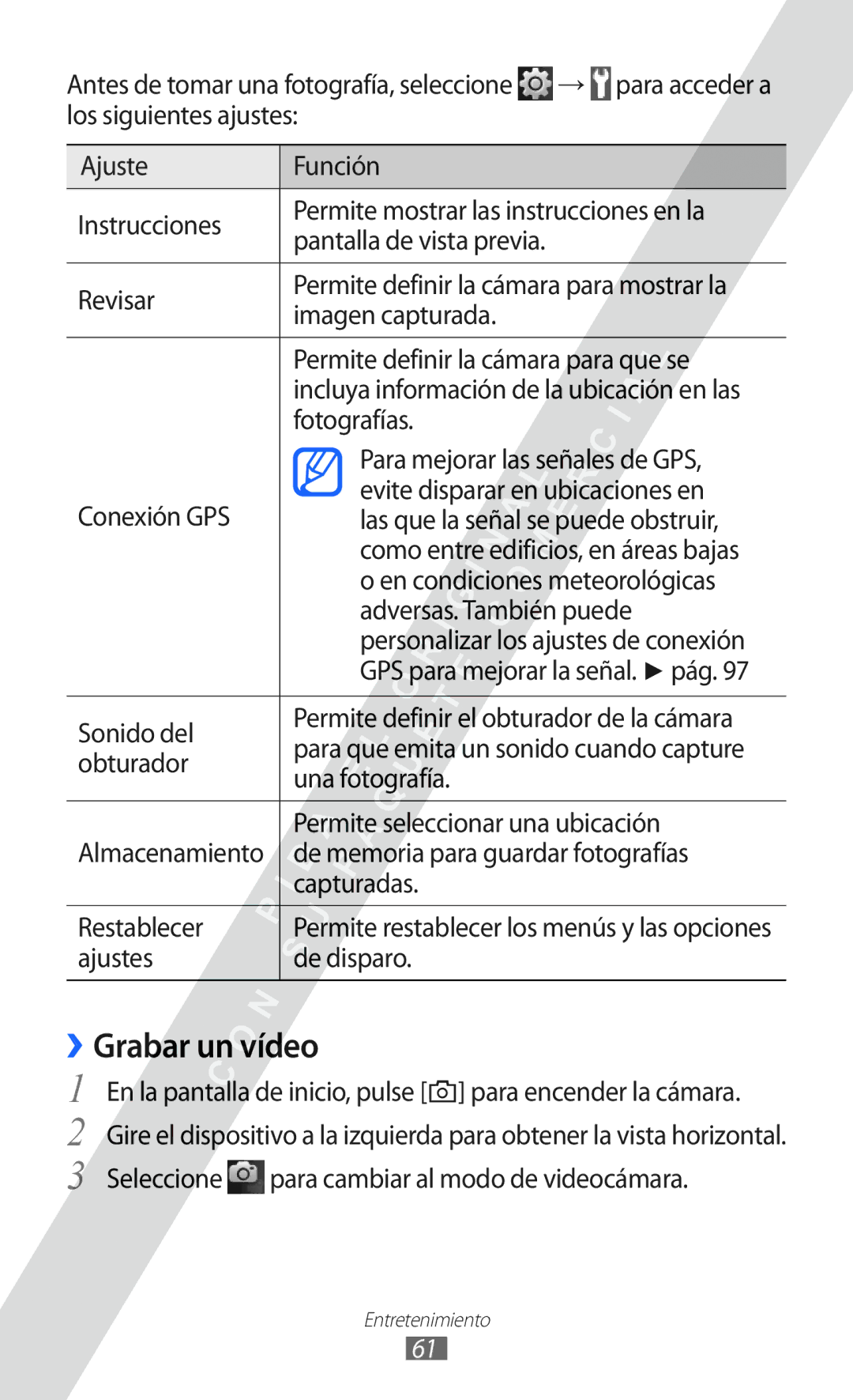 Samsung GT-S5780YKDXEC, GT-S5780YKAXEC, GT-S5780YKAFOP, GT-S5780YKAAMN manual ››Grabar un vídeo 