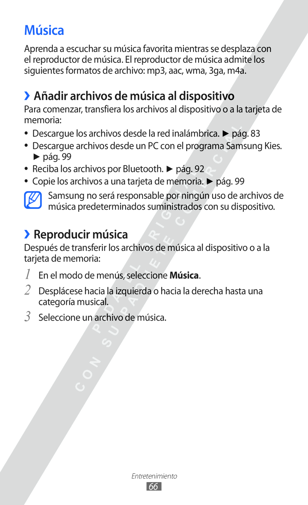 Samsung GT-S5780YKAFOP, GT-S5780YKAXEC manual Música, ››Añadir archivos de música al dispositivo, ››Reproducir música 