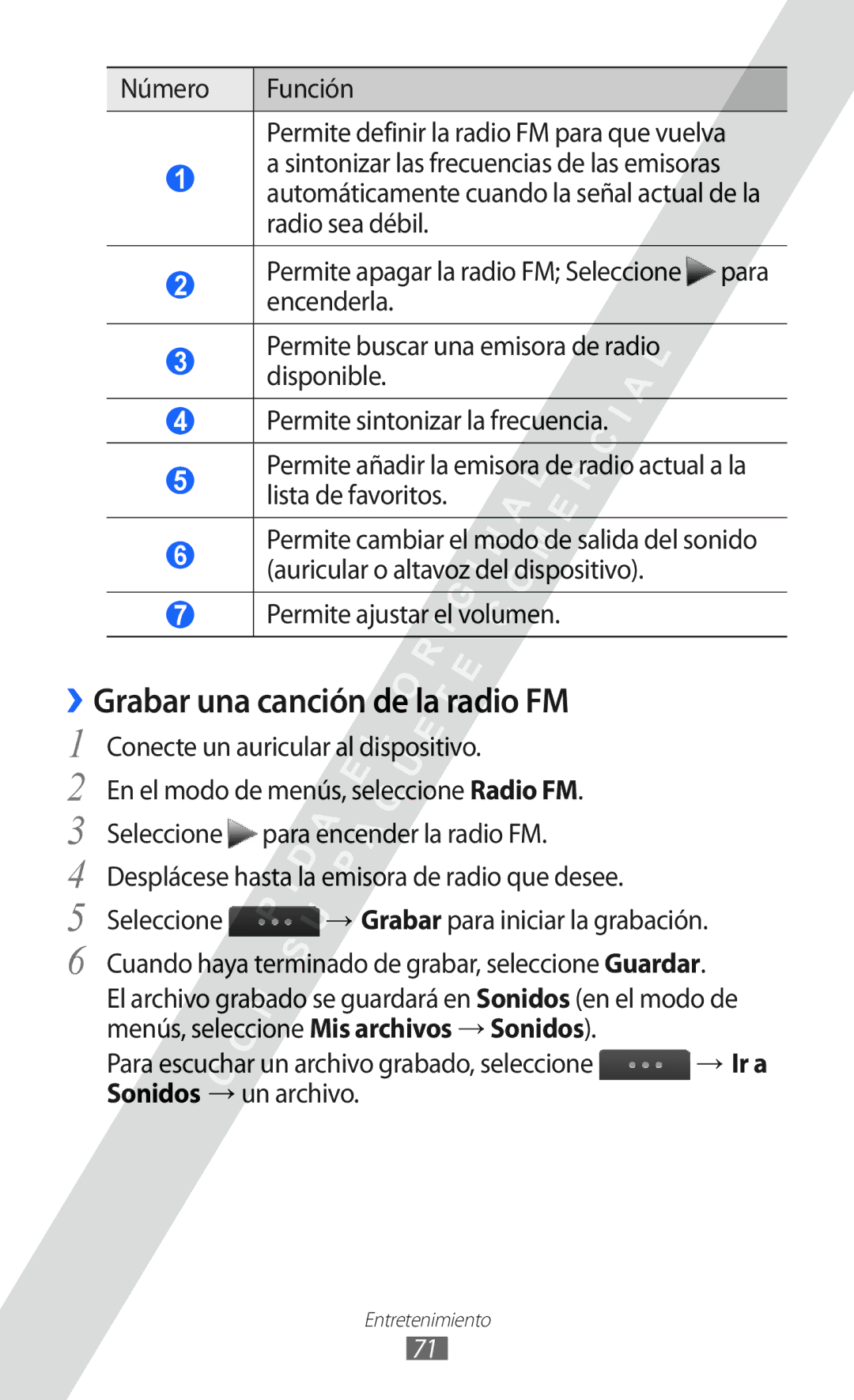 Samsung GT-S5780YKAAMN, GT-S5780YKAXEC Grabar una canción de la radio FM, Seleccione → Grabar para iniciar la grabación 