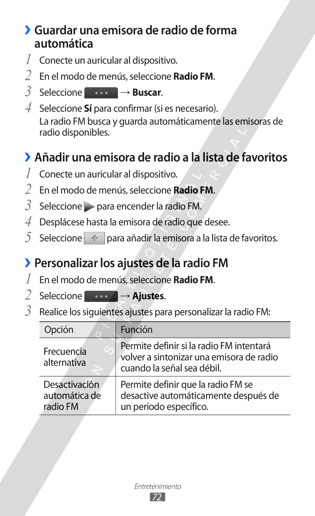 Samsung GT-S5780YKAXEC manual ››Guardar una emisora de radio de forma automática, ››Personalizar los ajustes de la radio FM 