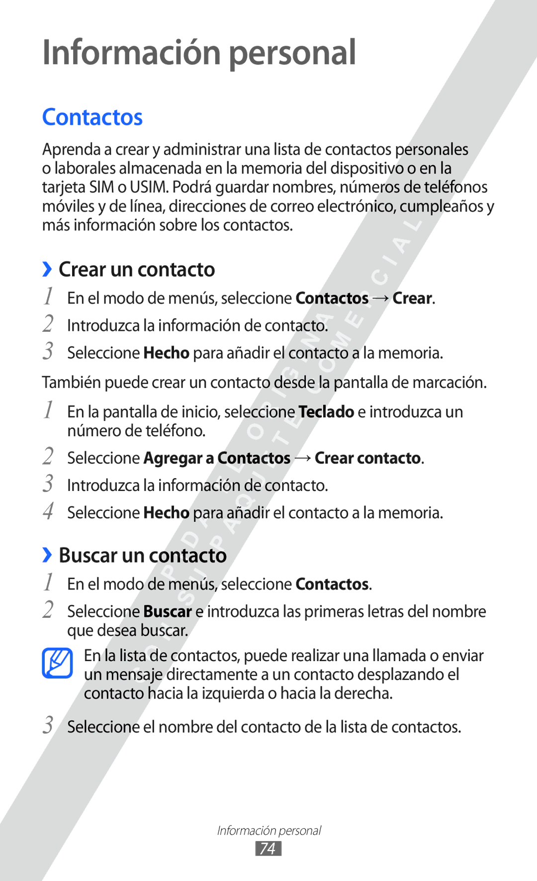 Samsung GT-S5780YKAFOP, GT-S5780YKAXEC manual Información personal, Contactos, ››Crear un contacto, ››Buscar un contacto 