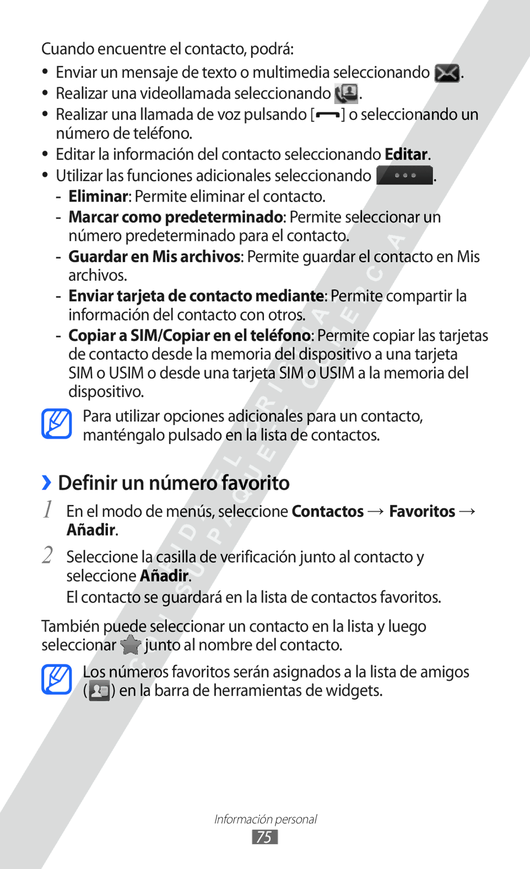 Samsung GT-S5780YKAAMN manual ››Definir un número favorito, Cuando encuentre el contacto, podrá, Número de teléfono, Añadir 