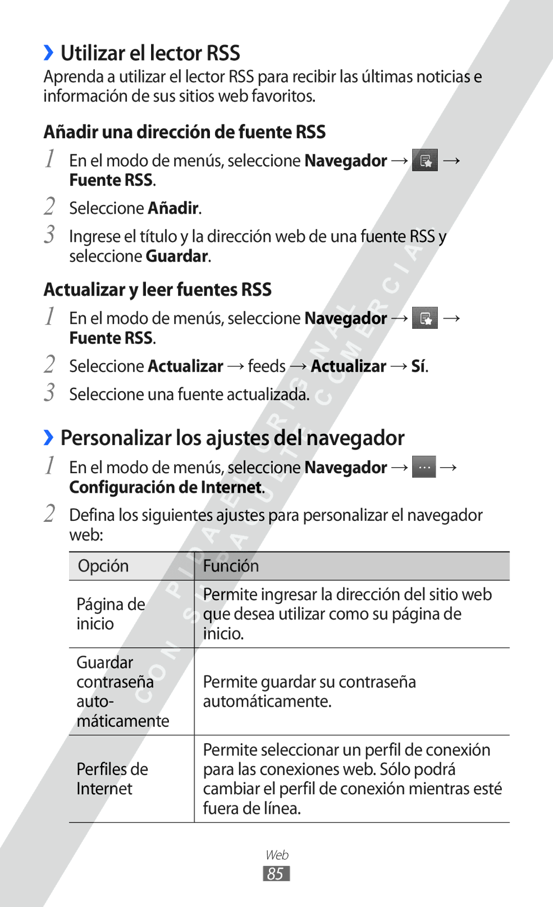 Samsung GT-S5780YKDXEC manual ››Utilizar el lector RSS, Añadir una dirección de fuente RSS, Actualizar y leer fuentes RSS 