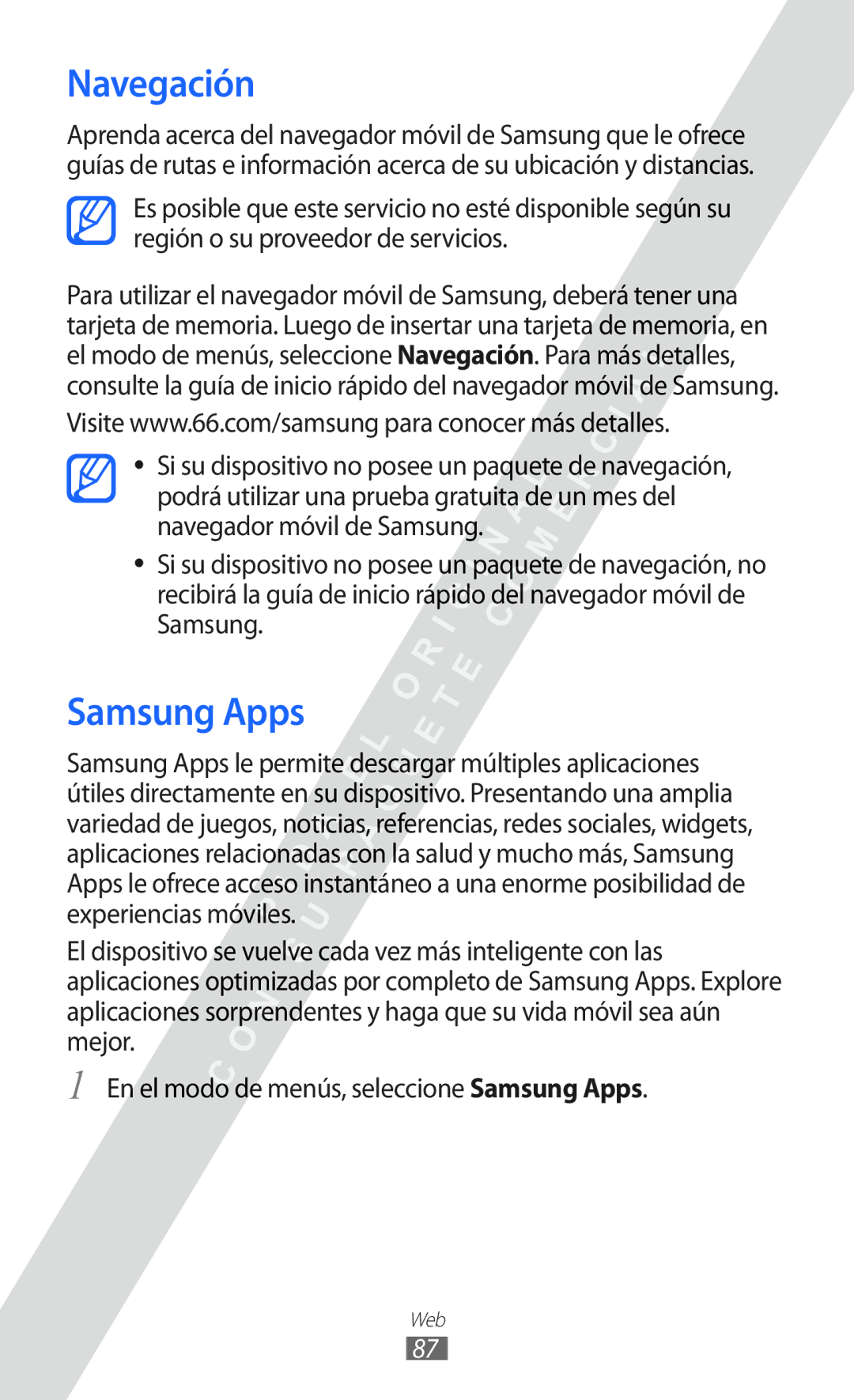 Samsung GT-S5780YKAAMN, GT-S5780YKAXEC, GT-S5780YKDXEC, GT-S5780YKAFOP manual Navegación, Samsung Apps 